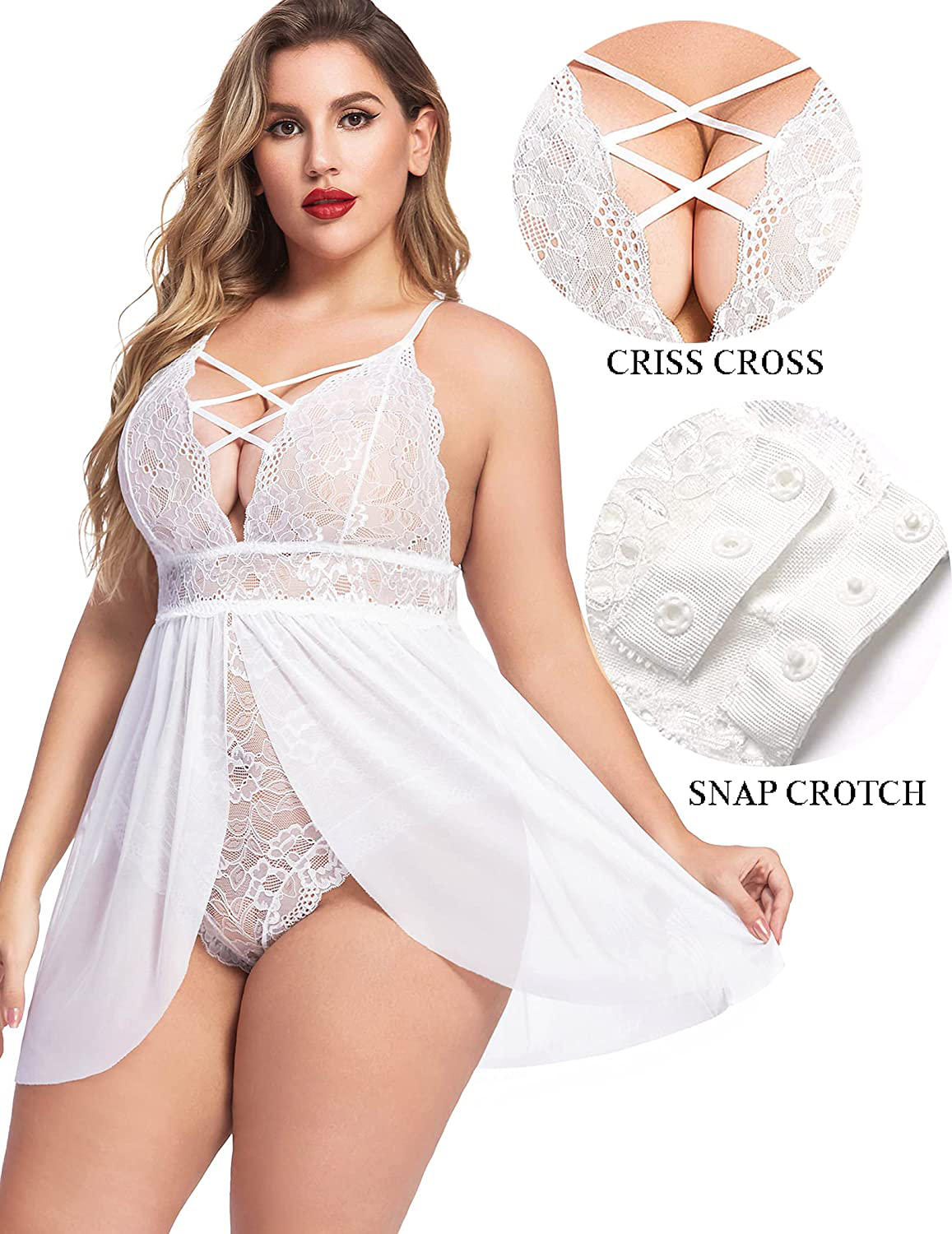 Avidlove plus Size Babydoll Womens Snap Crotch Lingerie V Neck Lace Nighty Mesh Sleepwear L-5XL Apparel & Accessories > Clothing > Underwear & Socks > Lingerie Kylie Max