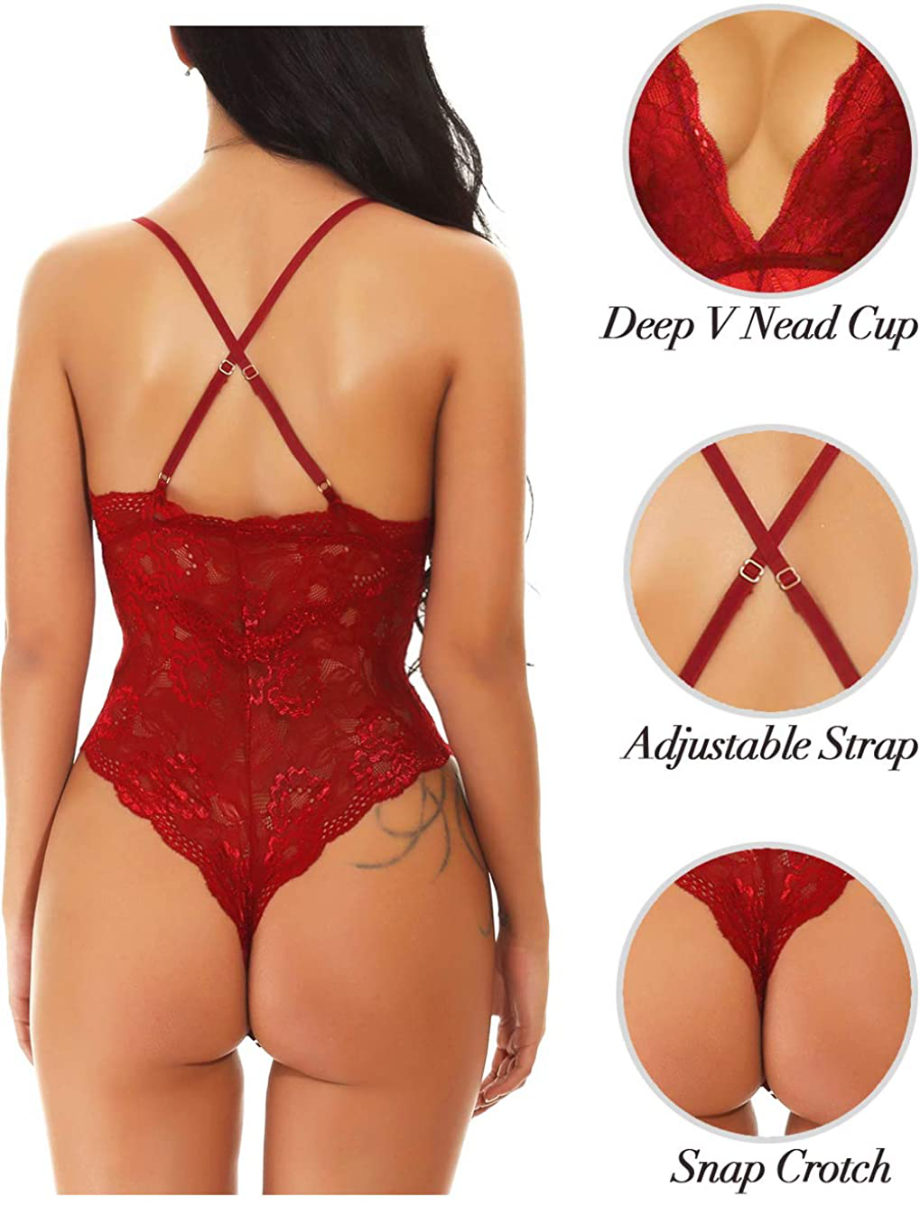 Kaei&Shi V-Neck See Through Lingerie Floral Lace Babydoll Sexy Lingerie for Women One Piece Bodysuit Apparel & Accessories > Clothing > Underwear & Socks > Lingerie Kaei&Shi