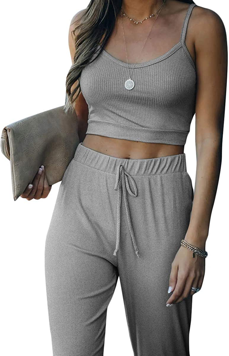 QINSEN Women'S Casual Two Piece Outfit Ribbed Spaghetti Strap Top Long Pants Tracksuit Joggers Sets Apparel & Accessories > Clothing > Sleepwear & Loungewear Kylie Max