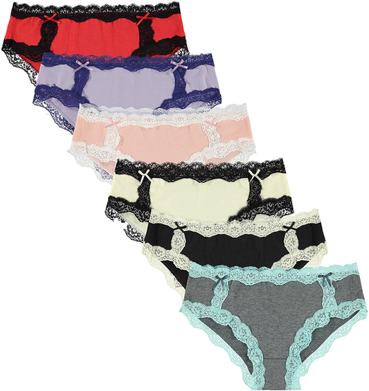 Free to Live 6 Pack Women'S All over Lace Panties - Colorful Trim Hipster Cotton Underwear Apparel & Accessories > Clothing > Underwear & Socks > Underwear Free to Live Black, Baby Pink, Charcoal, Ivory, Lavender, Red Large