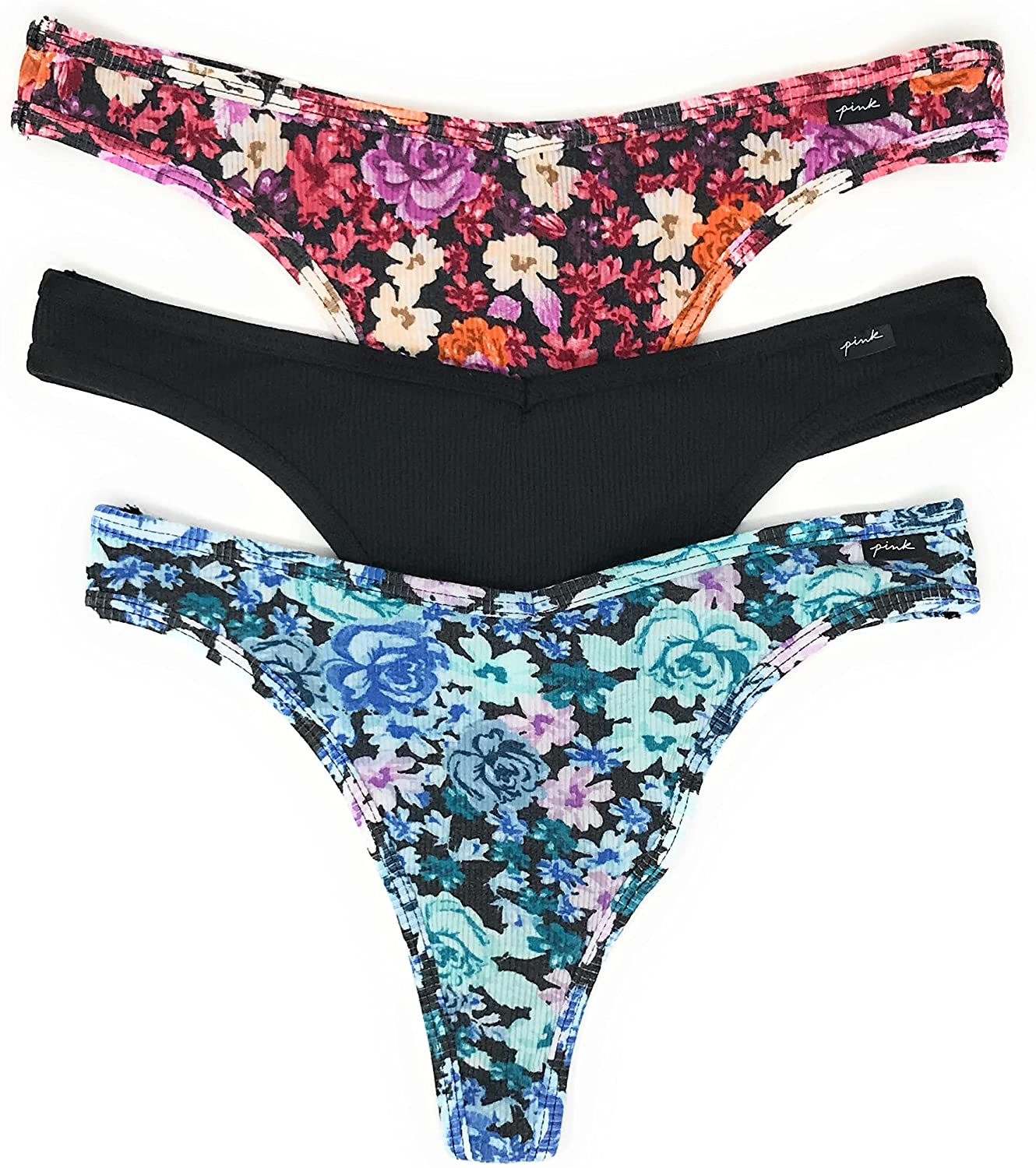 Victoria's Secret PINK Thong Panty Set of 3 Apparel & Accessories > Clothing > Underwear & Socks > Underwear Victoria's Secret Rib Pink Floral / Black / Blue Floral Small