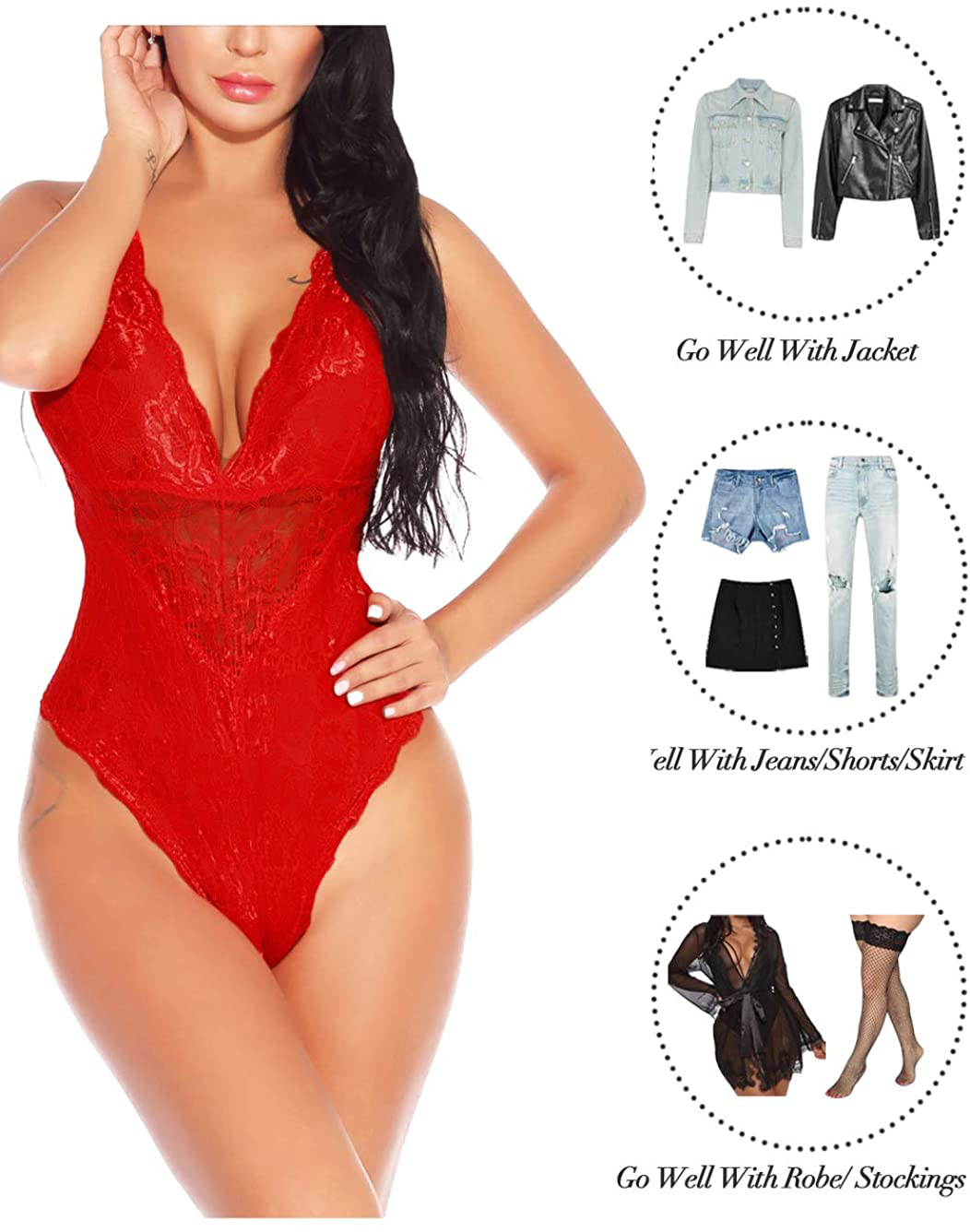 Kaei&Shi V-Neck See Through Lingerie Floral Lace Babydoll Sexy Lingerie for Women One Piece Bodysuit Apparel & Accessories > Clothing > Underwear & Socks > Lingerie Kaei&Shi