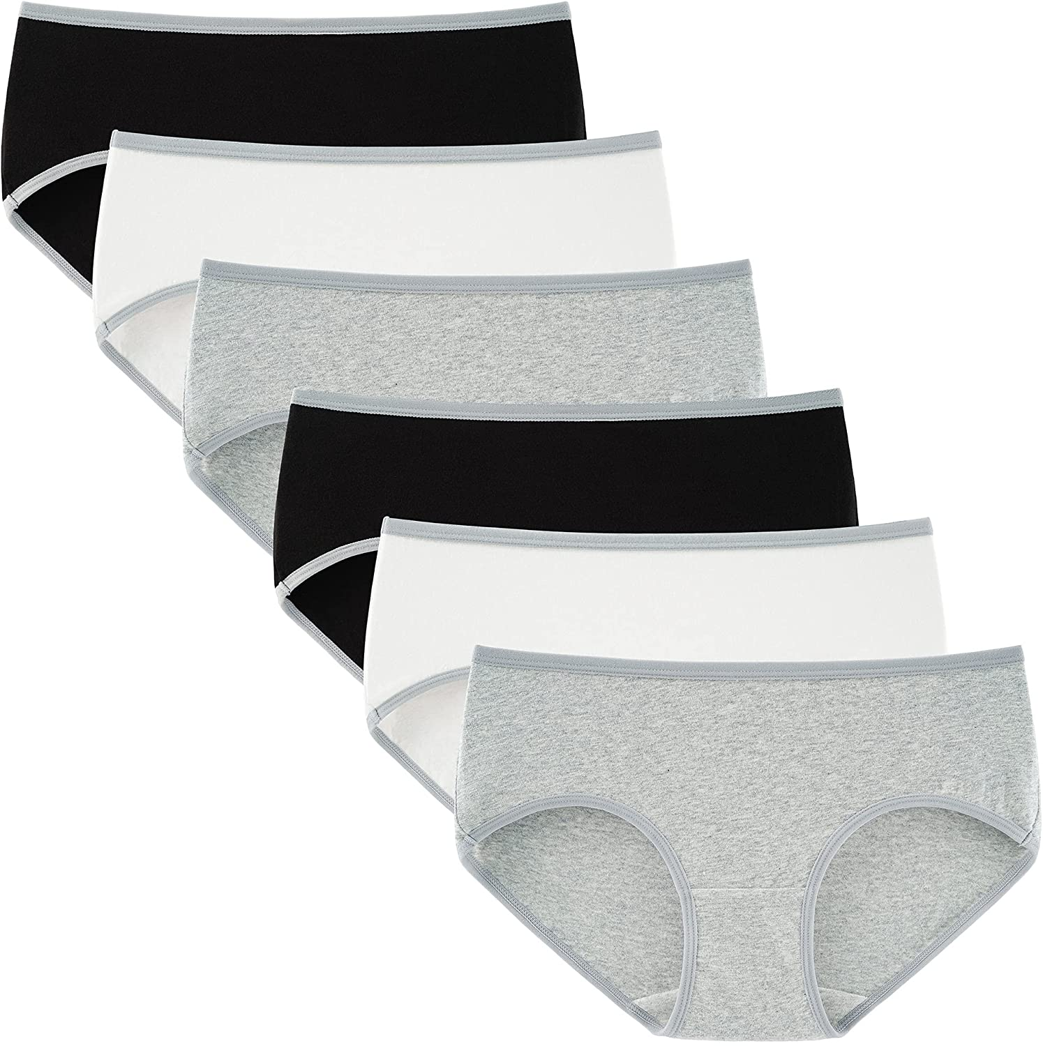 INNERSY Womens Underwear Cotton Hipster Panties Regular & plus Size 6-Pack Apparel & Accessories > Clothing > Underwear & Socks > Underwear INNERSY Black-white-grey With Grey Hem Small