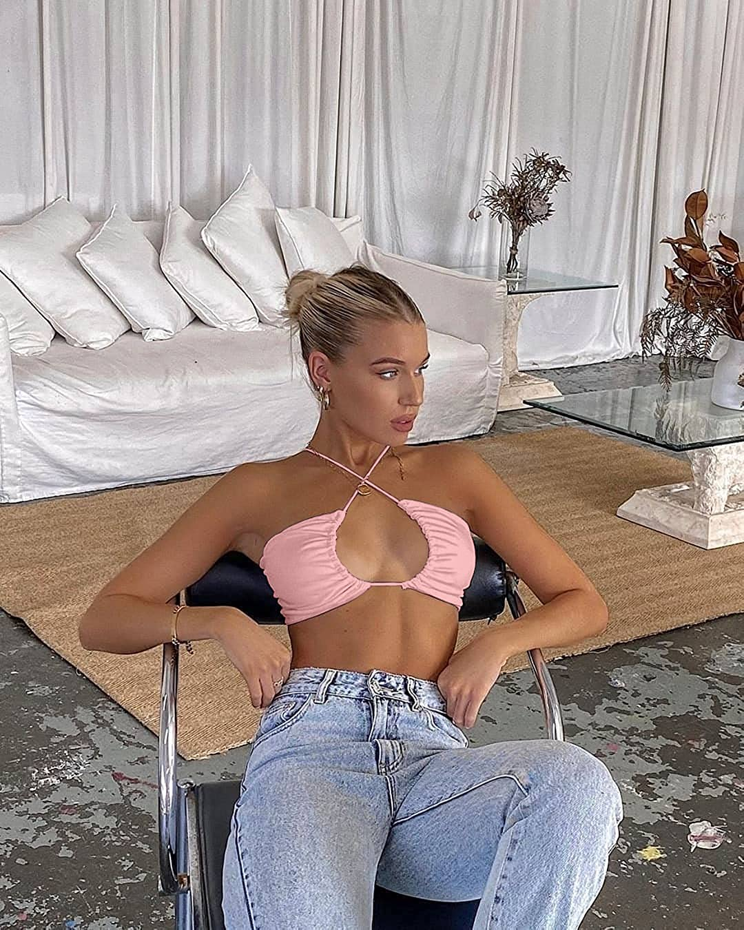 TOB Women'S Sexy Criss Cross Lace up Sling Basic Bow Tie Crop Top Apparel & Accessories > Clothing > Underwear & Socks > Lingerie TOB