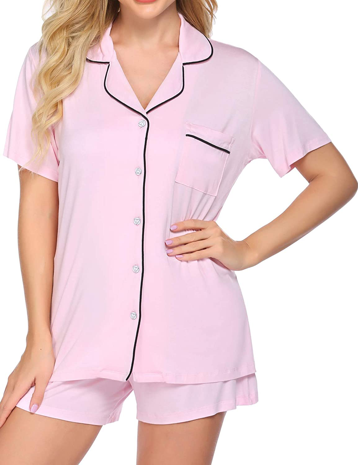 Ekouaer Pajamas Set Short Sleeve Sleepwear Womens Button Down Nightwear Soft Pj Lounge Sets XS-XXL Apparel & Accessories > Clothing > Sleepwear & Loungewear > Pajamas Ekouaer Misty Rose Small