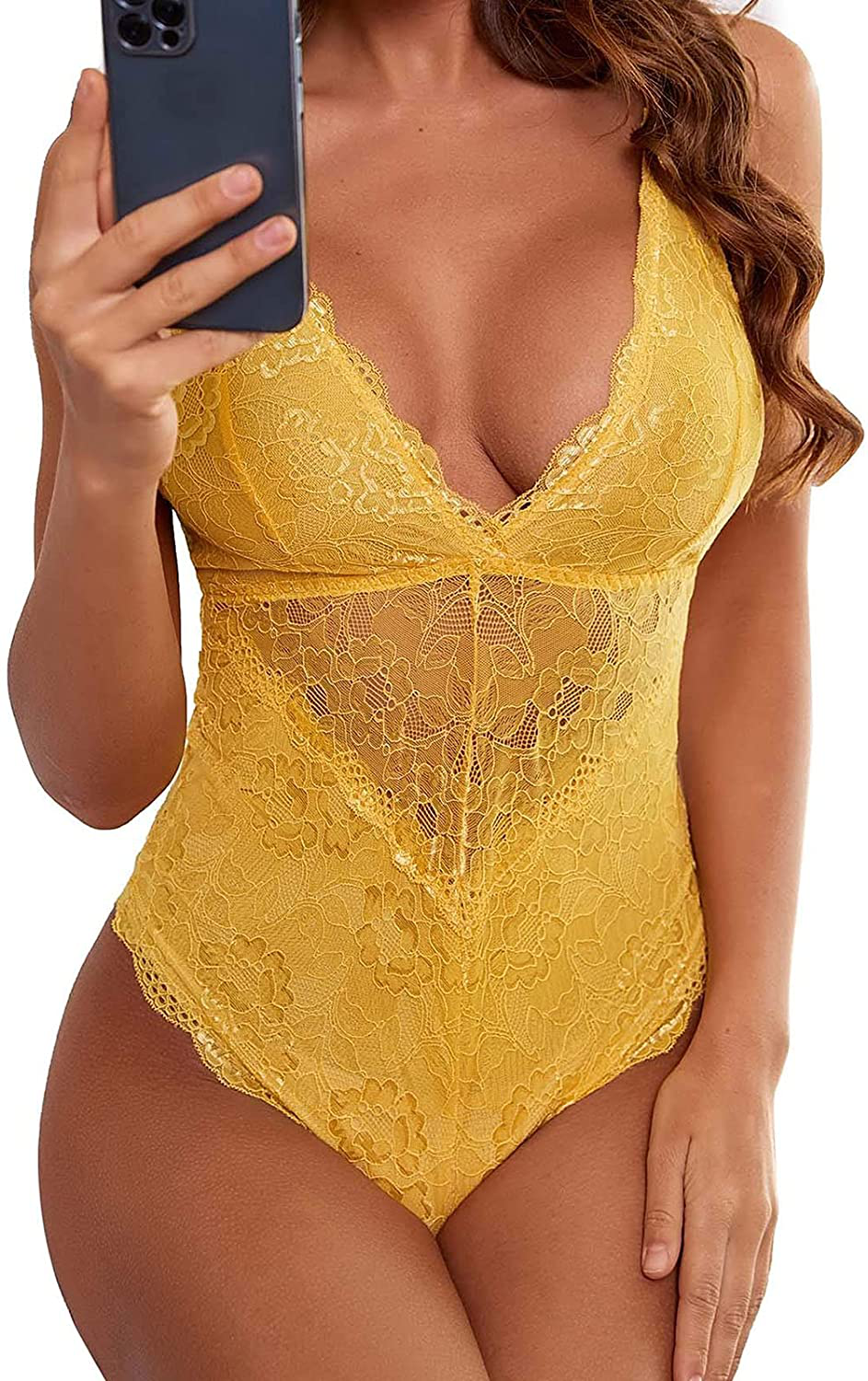 Aranmei Women Deep V Sexy Lace Bodysuit Snap Crotch Lingerie Teddy Underwear Apparel & Accessories > Clothing > Underwear & Socks > Lingerie Aranmei Yellow Small