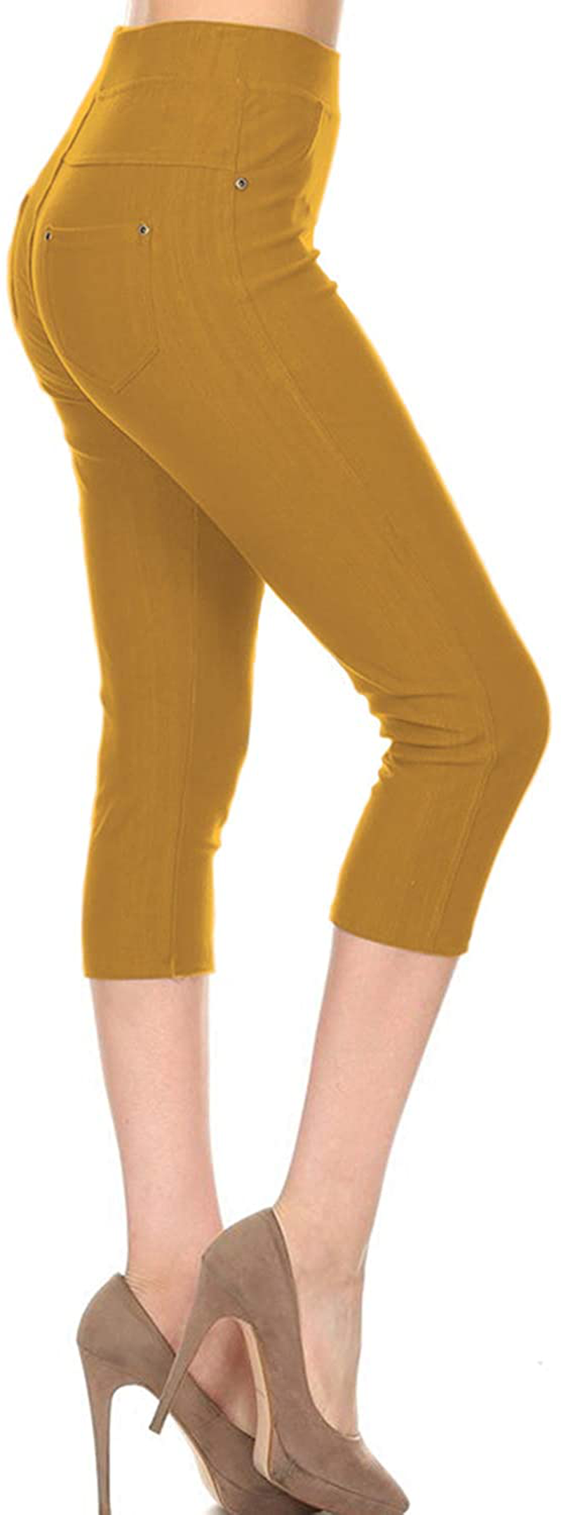 Leggings Depot Premium Quality Women's Cotton Blend Stretch Pull-on Jeggings with Pockets Apparel & Accessories > Clothing > Activewear LEGGINGS DEPOT Capri-mustard 1X-2X