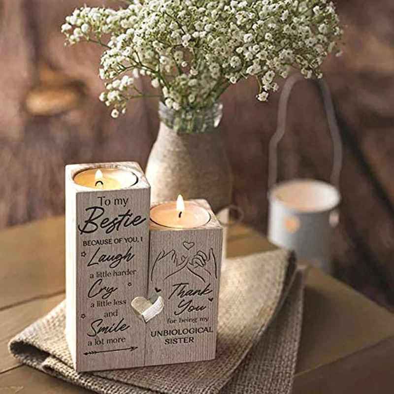 LEFUYAN to My Bestie Candle Holder -Because of You I Laugh Smile More Cry Less Thank You for Being My Unbiological Sister Women Teen Girl Friend Personalized Custom Friendship Christmas Birthday Gift Arts & Entertainment > Party & Celebration > Gift Giving LEFUYAN