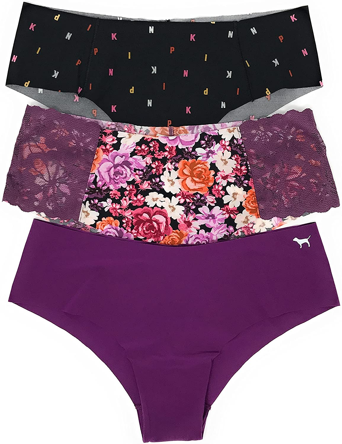 Victoria'S Secret Pink Cheekster Panty Set of 3 Victoria's Secret No Show Black Mini Logo / Purple Floral / Violet Medium