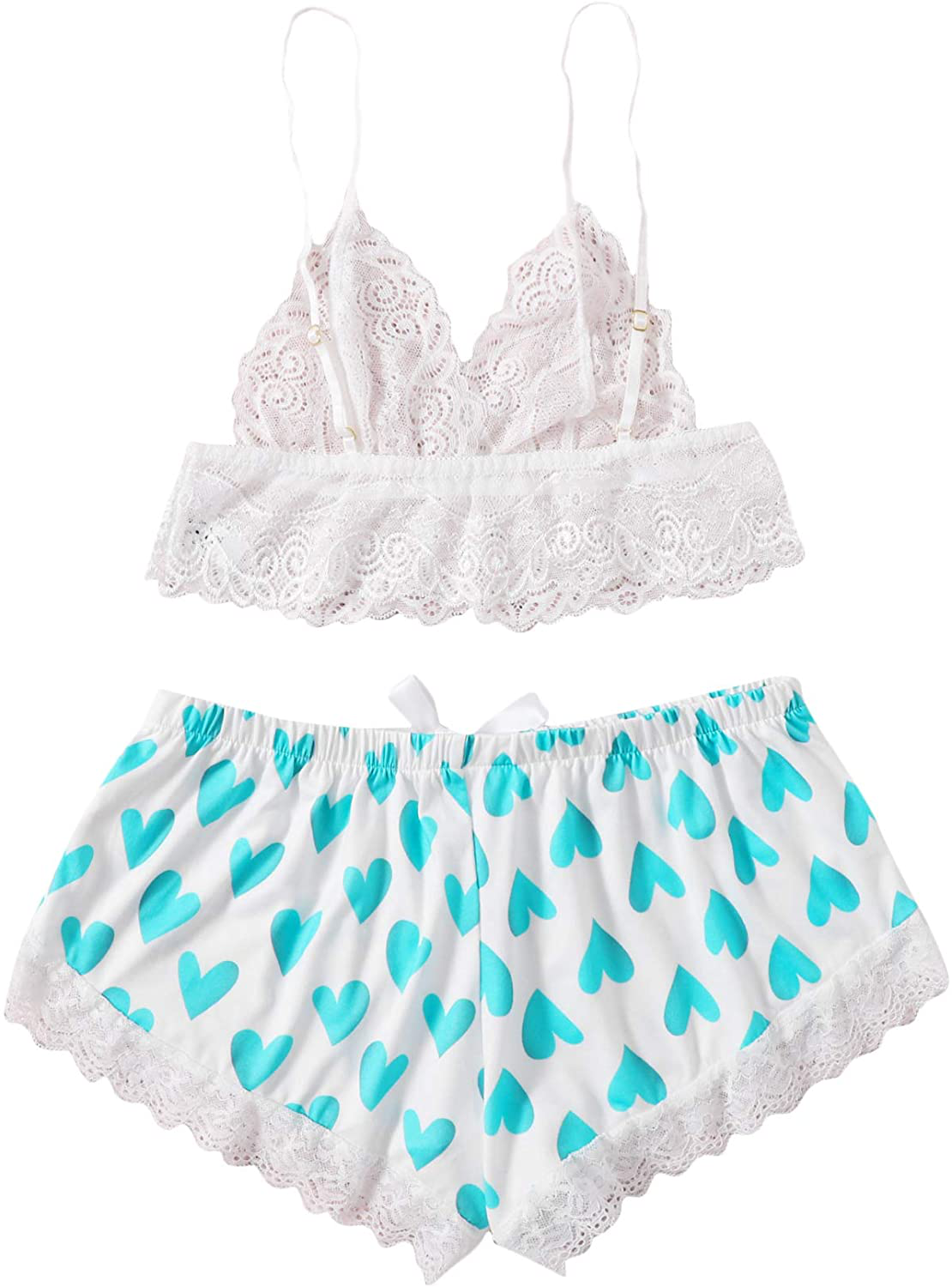 SOLY HUX Women'S Lace Sheer Cami Top with Satin Shorts Pajama Set Sleepwear Apparel & Accessories > Clothing > Sleepwear & Loungewear Kylie Max