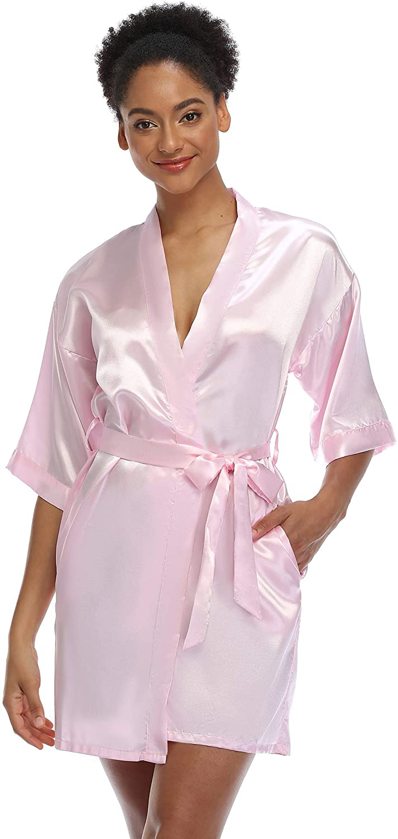 SUGAR JAN Women'S Short Satin Kimono Robes for Bride and Bridesmaids Silky Pure Color Bathrobe with Pockets Apparel & Accessories > Clothing > Sleepwear & Loungewear > Robes SUGAR JAN Pink XX-Large