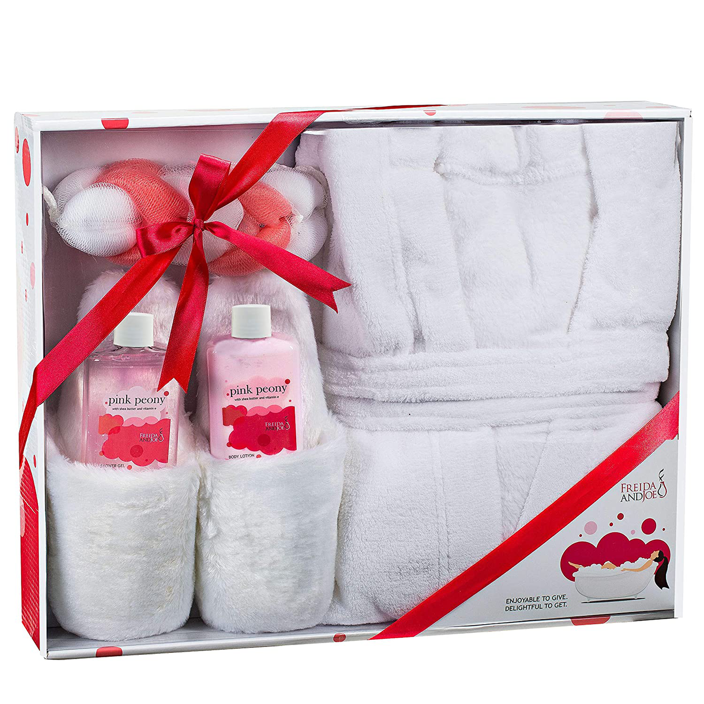 Home Spa Gift Basket Luxury Bathrobe & Slipper Spa Box for Women - Pink Peony Scent - Luxury Bath & Body Set for Women - Body Lotion, Shower Gel, Puff, Ultra Soft Full Length Bathrobe, Plush Slippers Apparel & Accessories > Clothing > Sleepwear & Loungewear > Robes Kylie Max