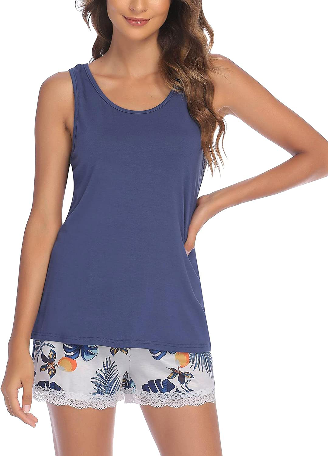 Ekouaer Womens Pajama Set Sleeveless Tank Top and Shorts Pj Set Lace Hem Sleepwear S-XXL Apparel & Accessories > Clothing > Sleepwear & Loungewear > Pajamas Ekouaer Tropical Leaf 3X-Large