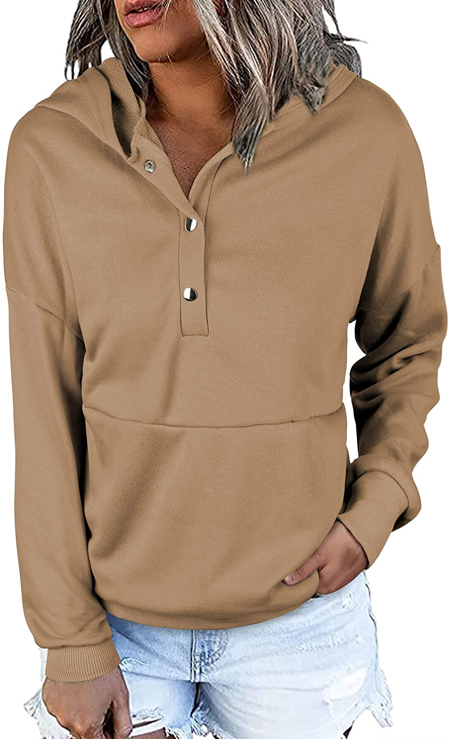 KIRUNDO Women'S Long Sleeve Casual Sweatshirts Women Hoodies Solid Color Button Collar Fall Pullover Tops Apparel & Accessories > Clothing > Activewear Kylie Max