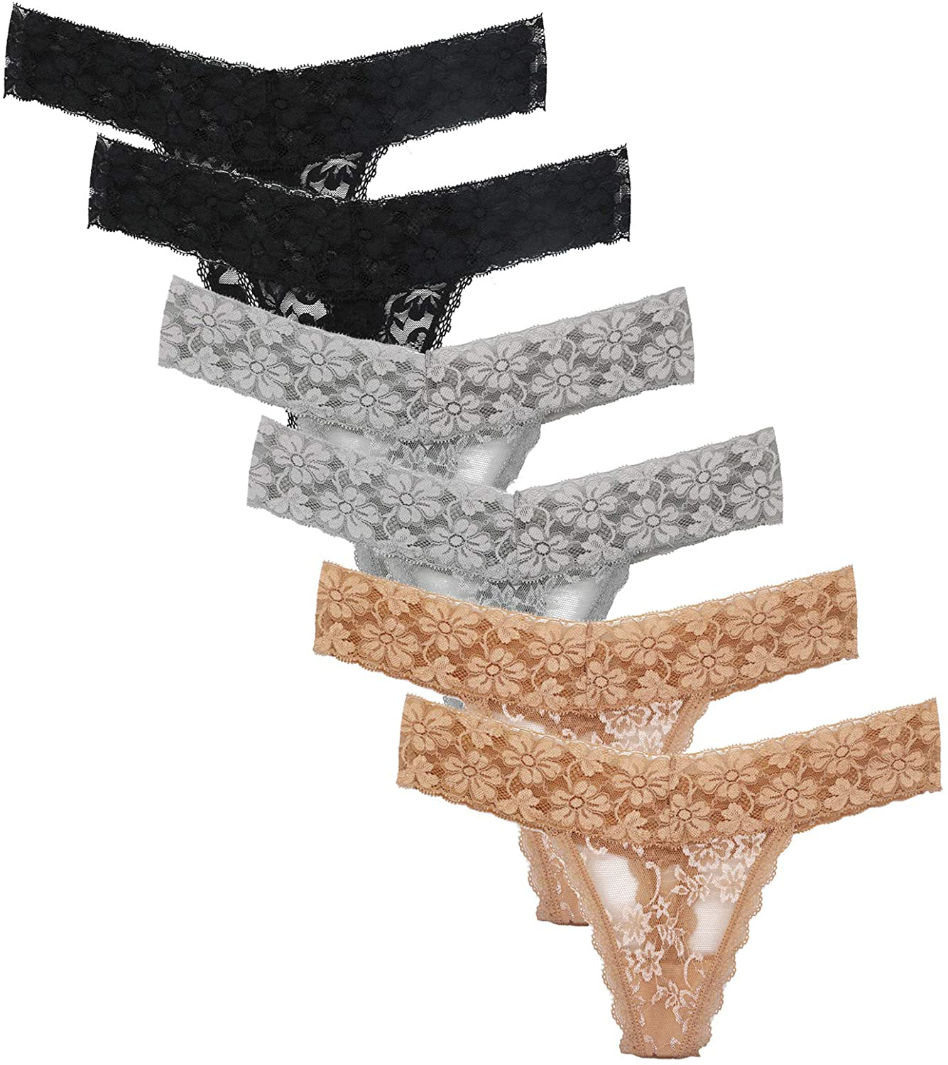 Women's Lace Thongs, T Back Low Waist See Through Panties Sexy Seamless V-Shape Design Lace Thongs for Women Apparel & Accessories > Clothing > Underwear & Socks > Underwear Delcroix Black*2 Grey*2 Bare*2 Large