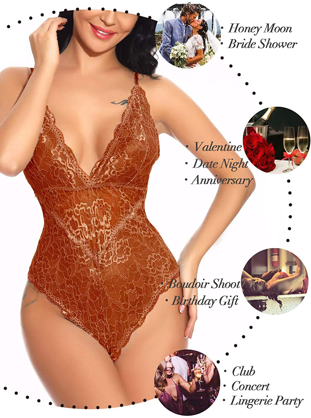 Kaei&Shi V-Neck See Through Lingerie Floral Lace Babydoll Sexy Lingerie for Women One Piece Bodysuit Apparel & Accessories > Clothing > Underwear & Socks > Lingerie Kaei&Shi