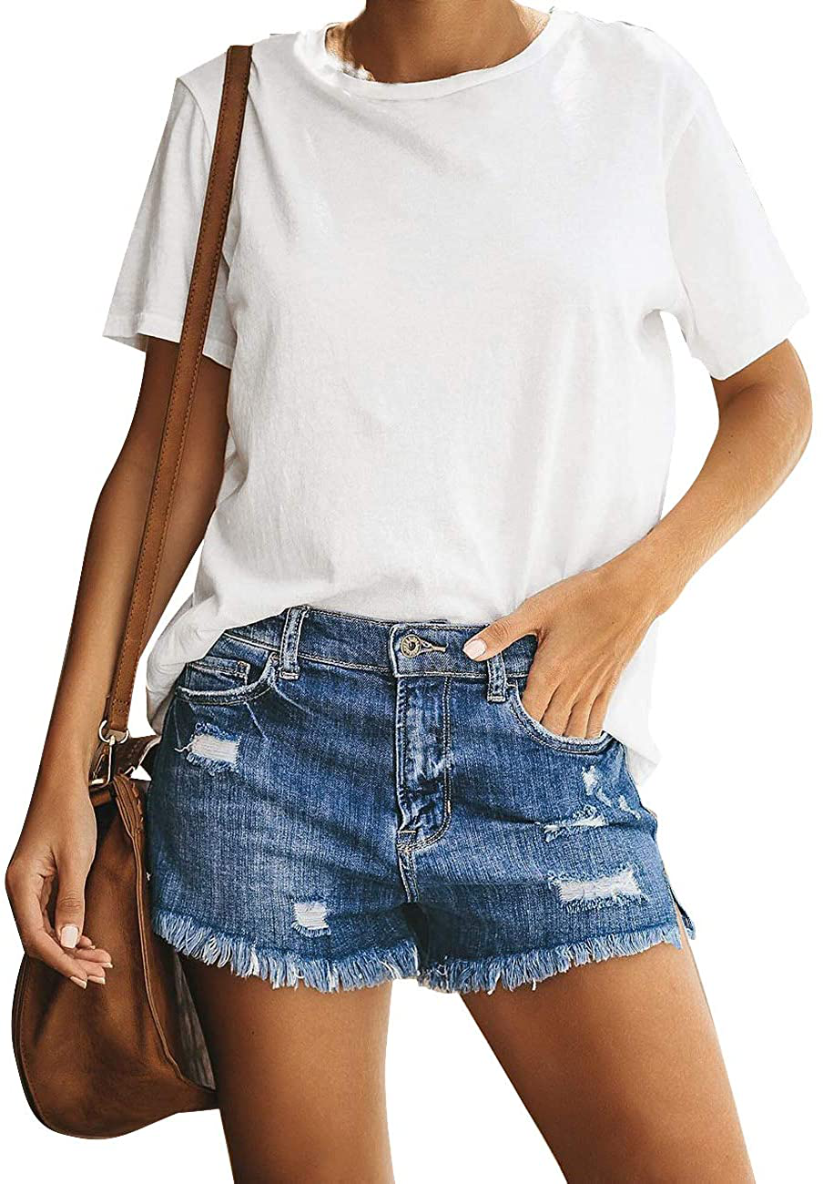 Luvamia Women'S Casual Mid Rise Denim Shorts Stretch Ripped Raw Hem Jean Shorts Apparel & Accessories > Clothing > Shorts Kylie Max