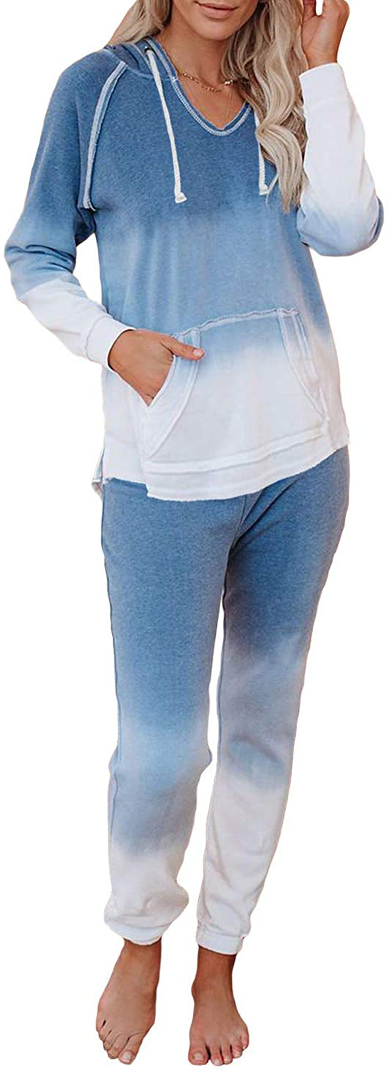 KIRUNDO Women’s Tie Dye Pajamas Set Long Sleeves Jogger PJ Sets Two Pieces Round Neck Loungewear Nightwear Sleepwear Apparel & Accessories > Clothing > Sleepwear & Loungewear > Pajamas KIRUNDO Dark Blue Large