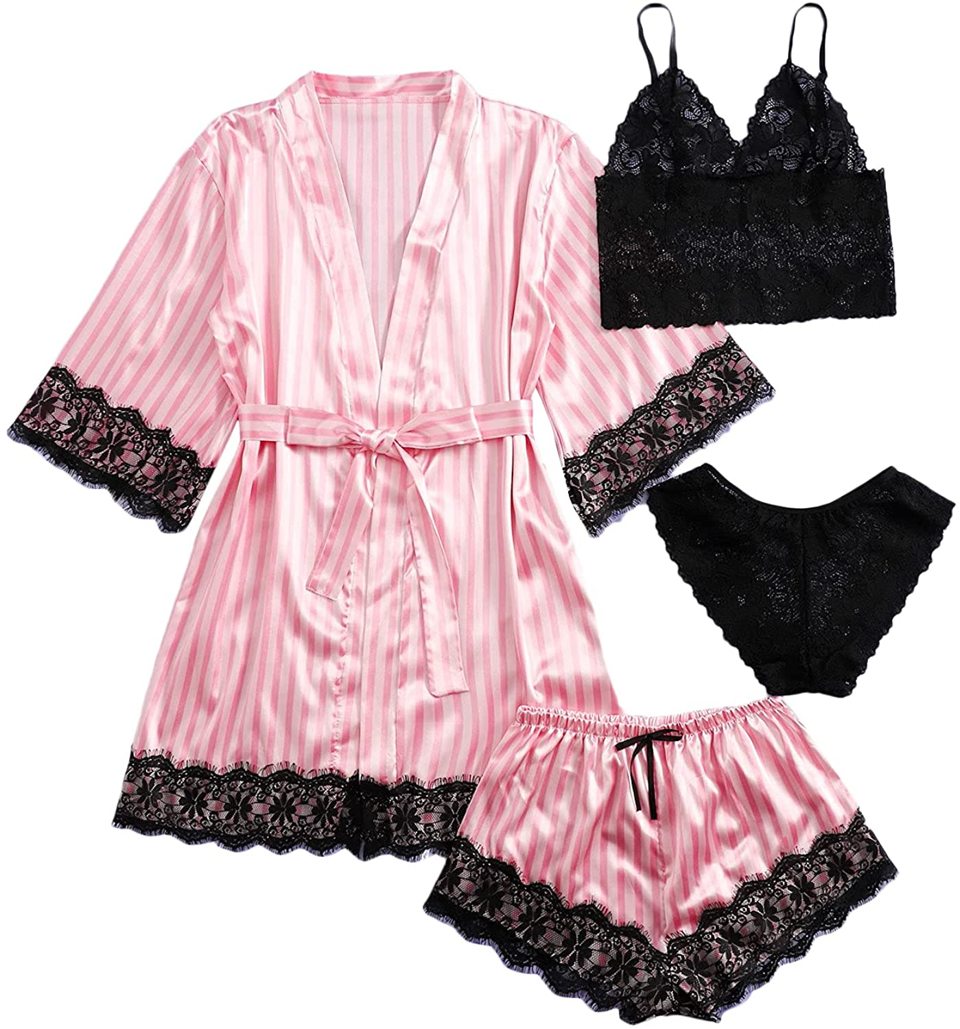 WDIRARA Women'S 4 Pieces Satin Floral Lace Cami Top Lingerie Pajama Set with Robe Apparel & Accessories > Clothing > Underwear & Socks > Lingerie WDIRARA Striped Pink Black Medium