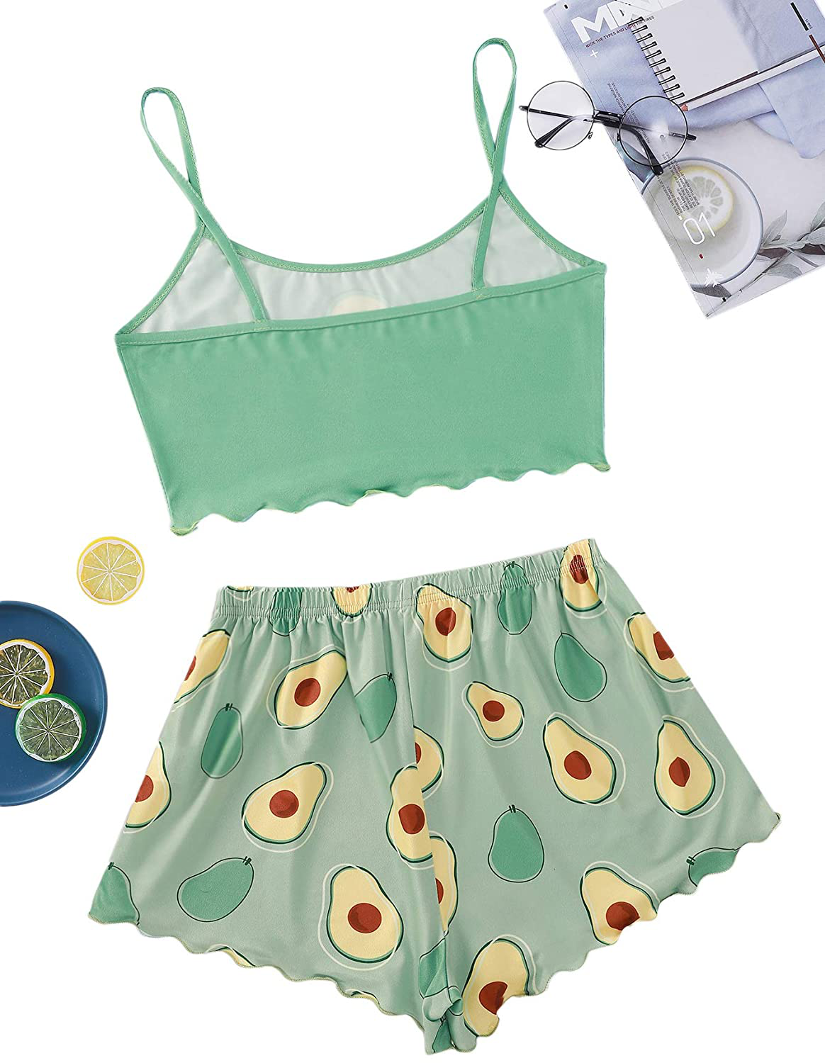 ROMWE Women'S 2 Piece PJ Set Avocado Print Crop Cami Top and Shorts Pajama Set Loungewear Apparel & Accessories > Clothing > Sleepwear & Loungewear Kylie Max