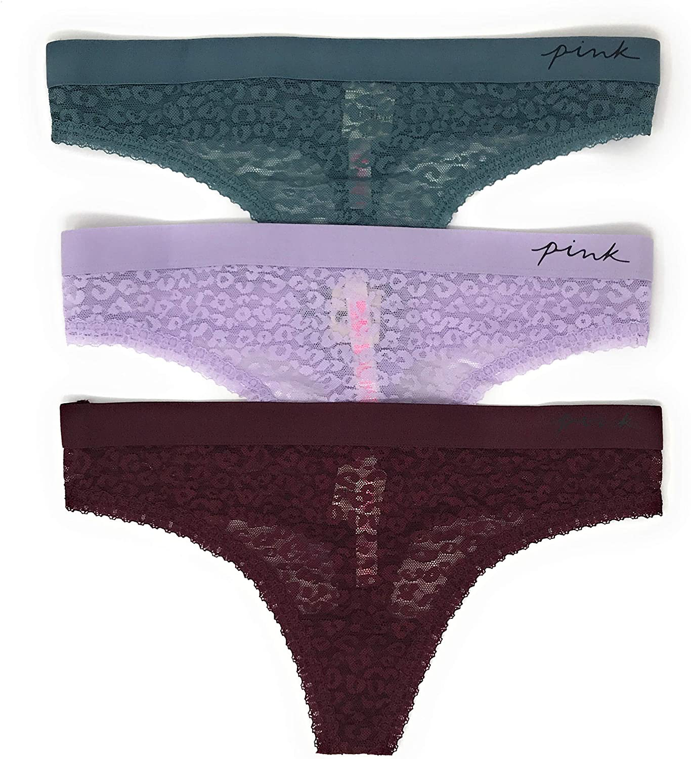 Victoria's Secret PINK Thong Panty Set of 3 Apparel & Accessories > Clothing > Underwear & Socks > Underwear Victoria's Secret Lace Teal / Lilac / Ruby Large