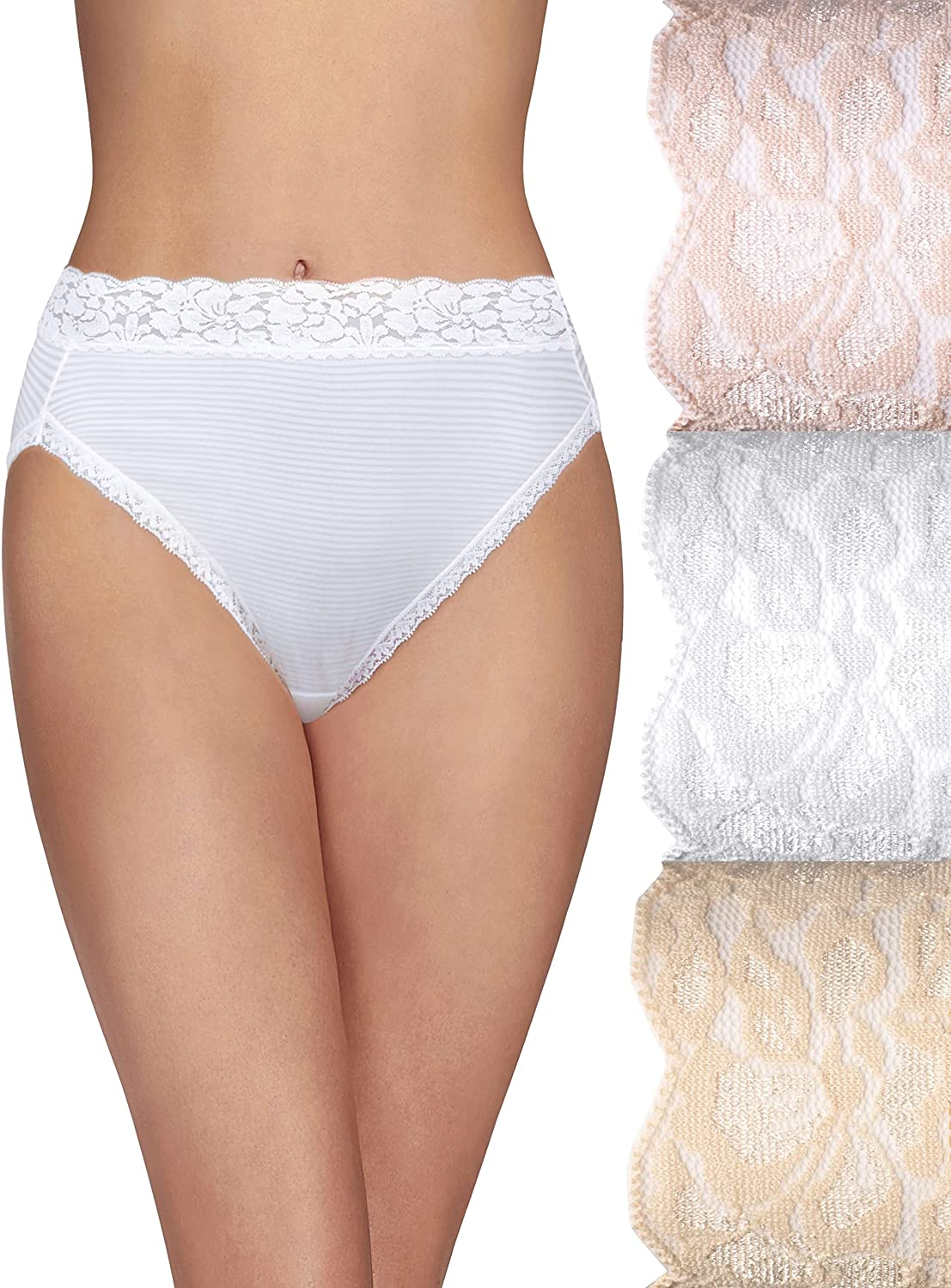 Vanity Fair Women'S Flattering Lace Panties Apparel & Accessories > Clothing > Underwear & Socks > Underwear Vanity Fair Hi Cut - 3 Pack - Quartz/White/Nude Stripe Hi Cut 6