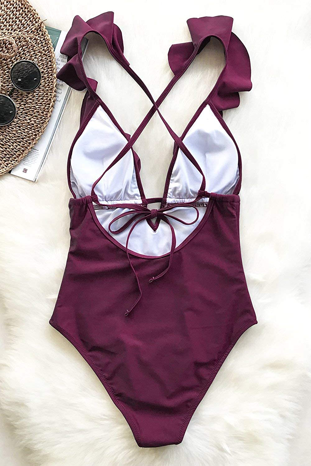 CUPSHE Women'S One Piece Swimsuit Ruffle Deep V Neck Strappy Swimwear Bathing Suits Apparel & Accessories > Clothing > Swimwear Kylie Max