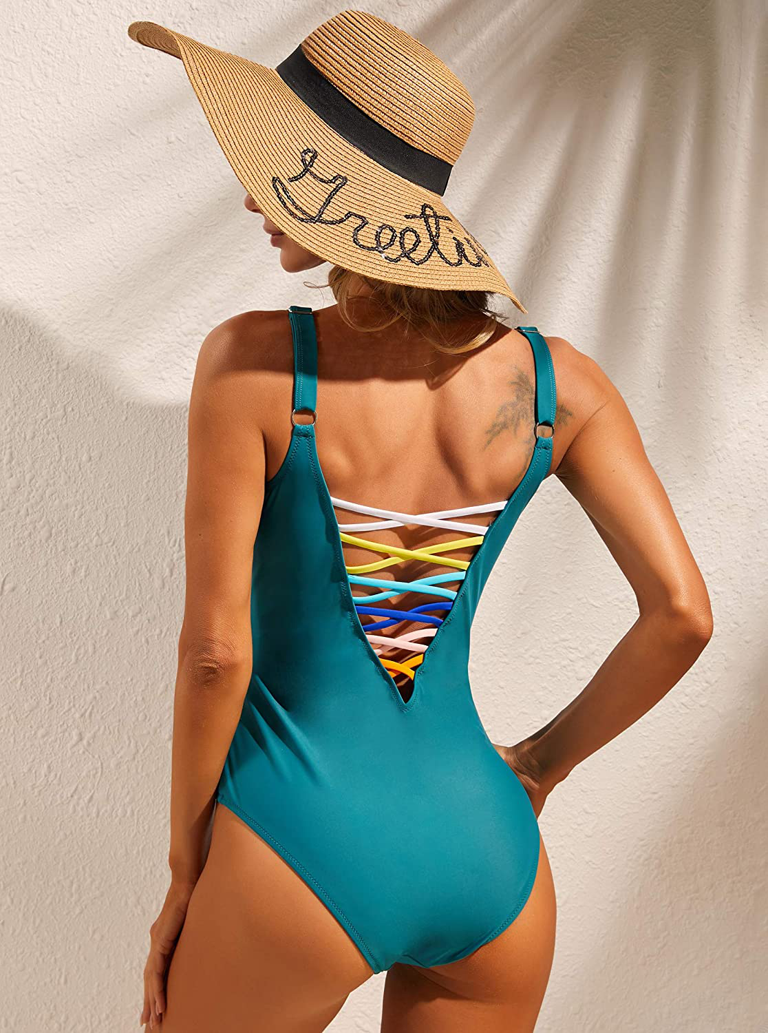 SOFIA'S CHOICE Women One-Piece Swimsuit Deep V Neck Lace up Lattice Front Rainbow Tie Bikini Apparel & Accessories > Clothing > Swimwear Kylie Max