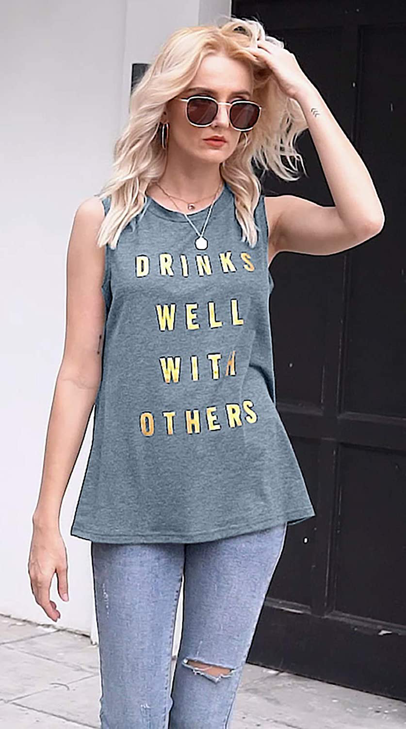 Drinks Well with Others Muscle Tank Tops Womens Funny Drinking Alcohol Sleeveless Letter Printed Graphic Tee Shirt Tops Apparel & Accessories > Clothing > Activewear Kylie Max