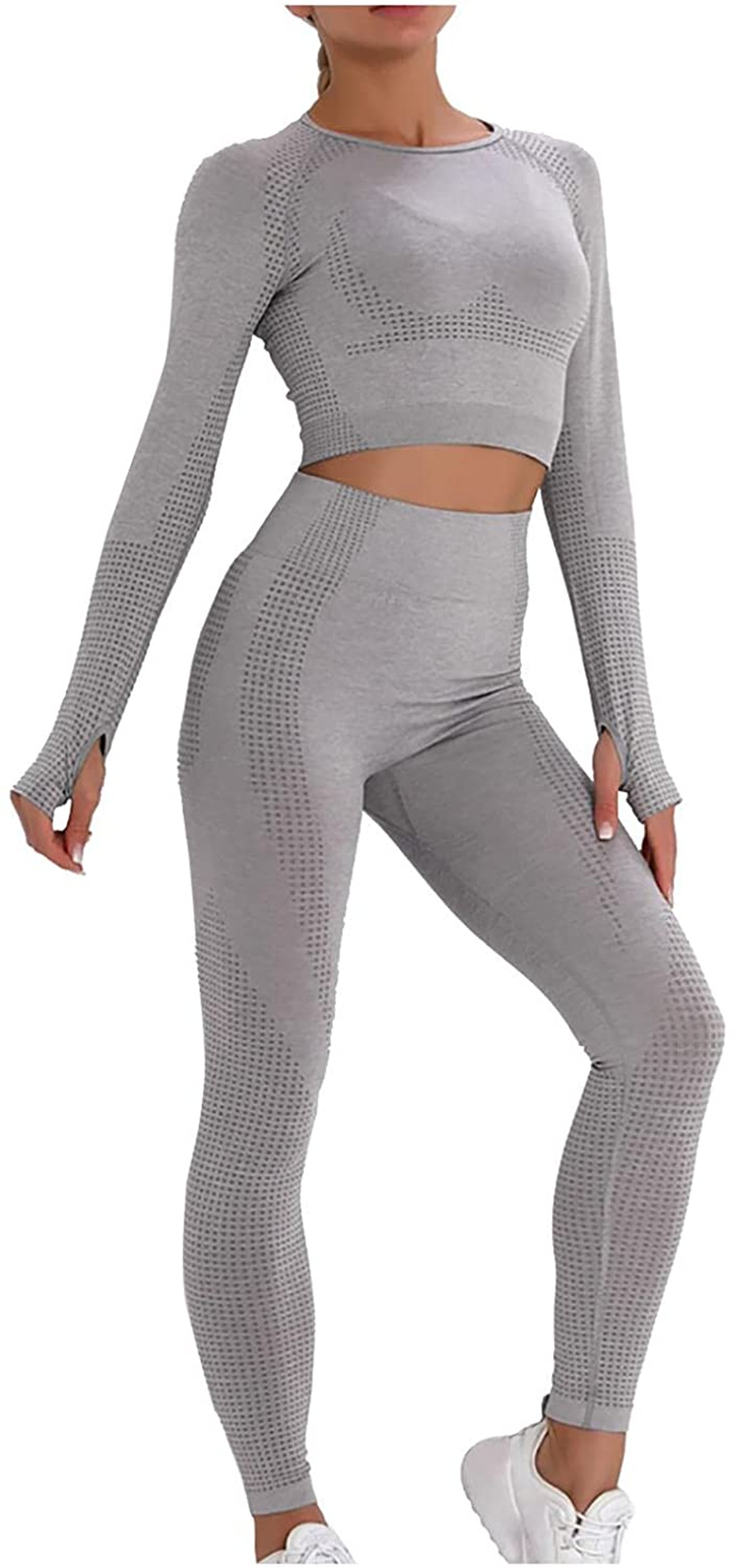 Burband Workout Lounge Sets for Women 2 Piece Outfits Solid Long Sleeve Crop Tops and Ribbed Seamless Leggings Gym Yoga Sets Apparel & Accessories > Clothing > Underwear & Socks > Shapewear Burband