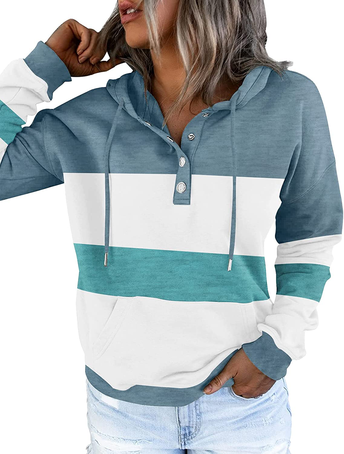 ETCYY Women'S Color Block Hoodies Tops Long Sleeve Casual Drawstring Button down Pullover Sweatshirt with Pocket Apparel & Accessories > Clothing > Activewear Kylie Max