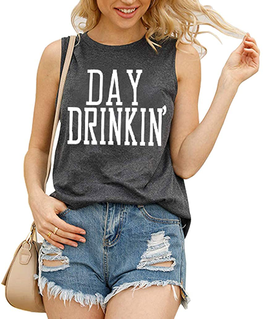 Bealatt Day Drinkin’ Casual Tank Tops Funny Letters Print Vest T-Shirt, Cute Drinking Shirt Tank for Women Apparel & Accessories > Clothing > Activewear Kylie Max
