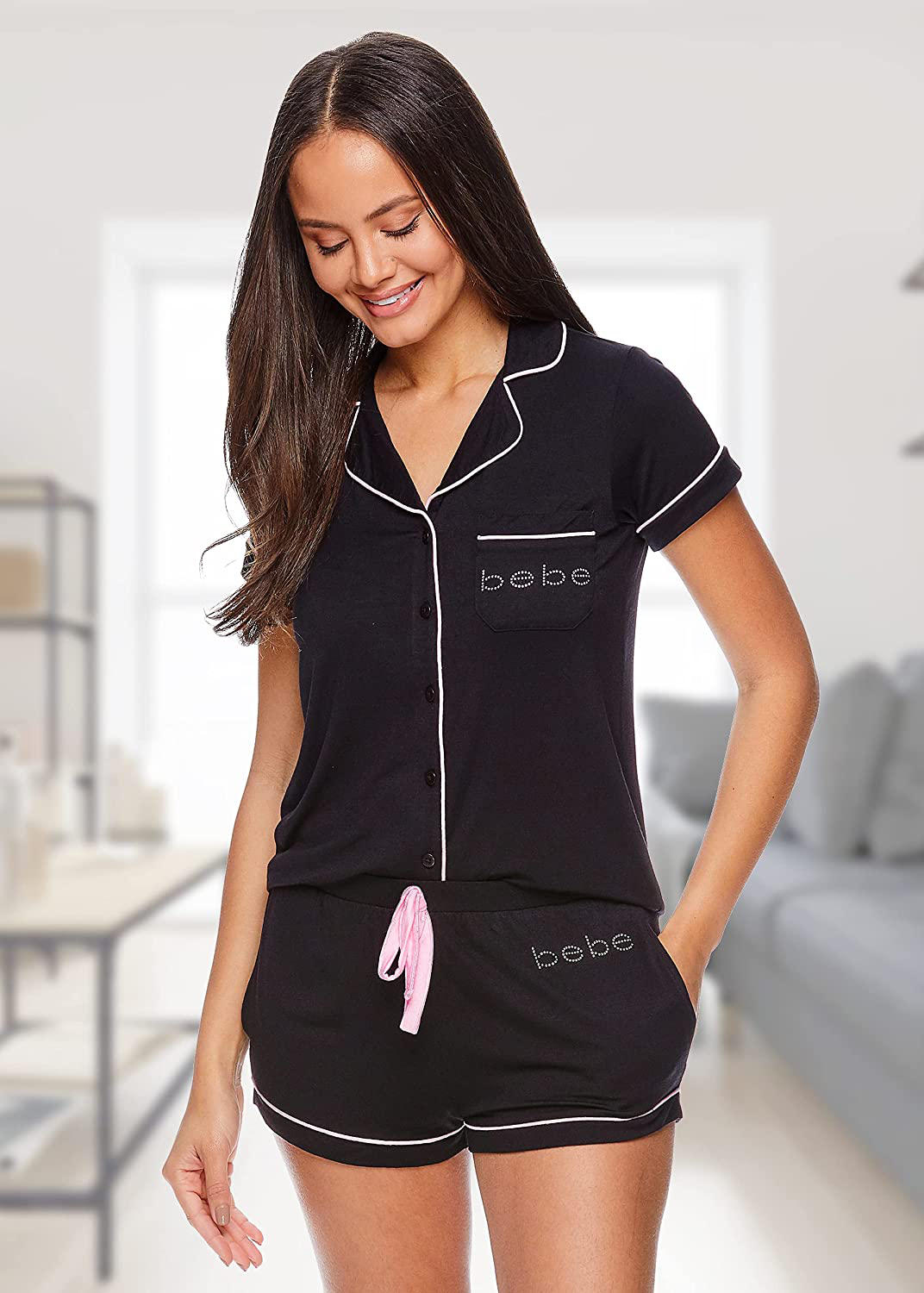 bebe Womens Pajama Sets Button Down Shirt and Shorts Sleepwear Lounge PJ Sets Apparel & Accessories > Clothing > Sleepwear & Loungewear > Pajamas bebe