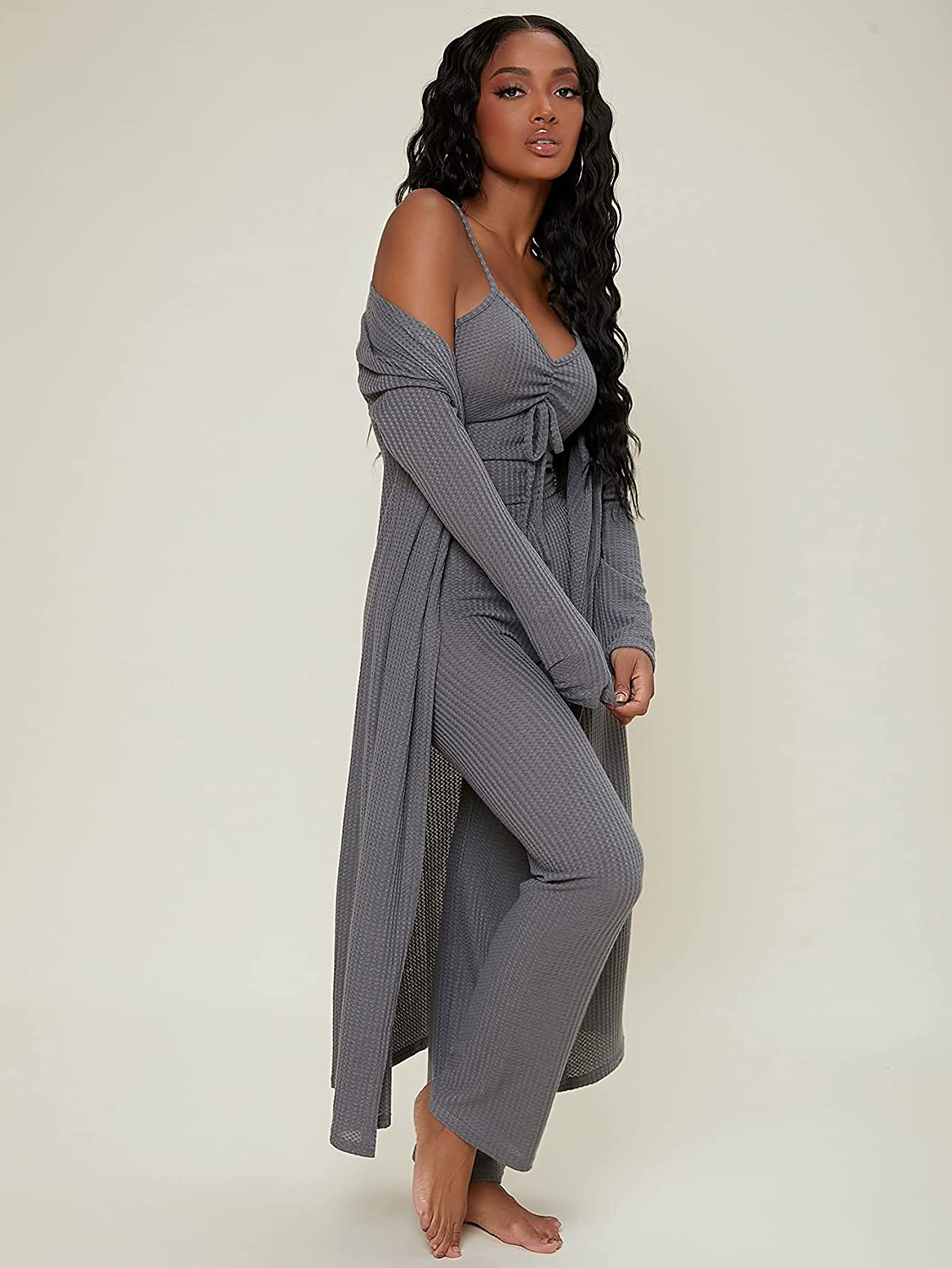 Shein Women'S Ruched Knot Bust Cami Top Long Pants Lounge Set with Long Sleeve Robe Apparel & Accessories > Clothing > Sleepwear & Loungewear Kylie Max