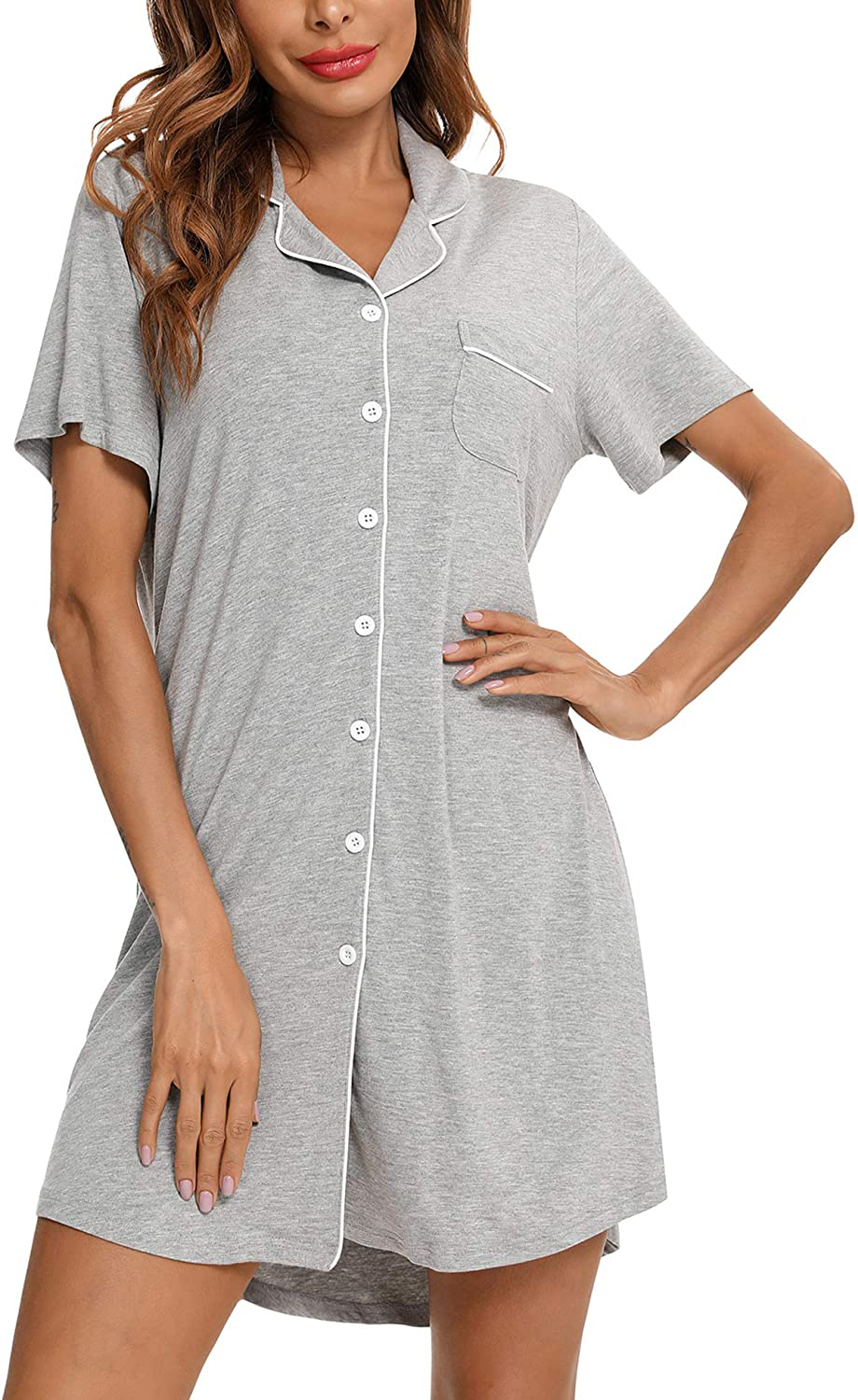 Samring Nightgown for Women Sleep Shirt Short Long Sleeve Sleepwear Boyfriend Nightshirt Button down Pajama Dress S-XXL Apparel & Accessories > Clothing > Sleepwear & Loungewear > Nightgowns Kylie Max