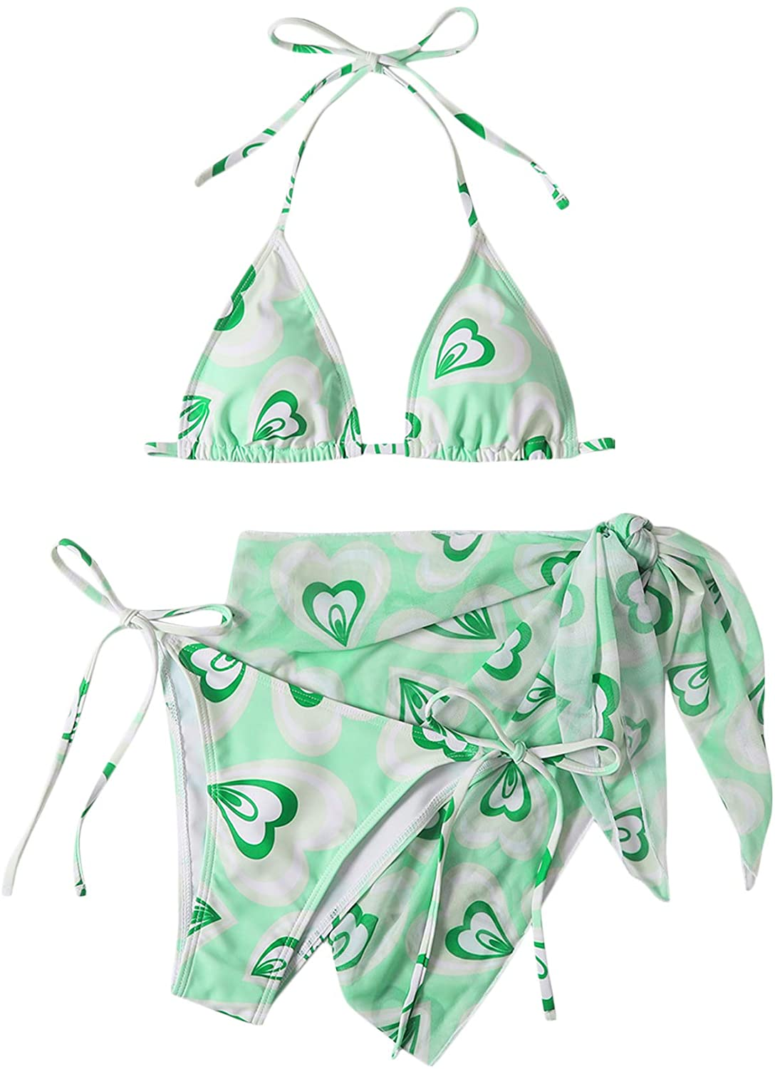 SOLY HUX Women'S Tie Dye Wrap Bikini Bathing Suits with Mesh Beach Skirt 3 Piece Swimsuits Apparel & Accessories > Clothing > Underwear & Socks > Lingerie KYLIE MAX Green Heart Small