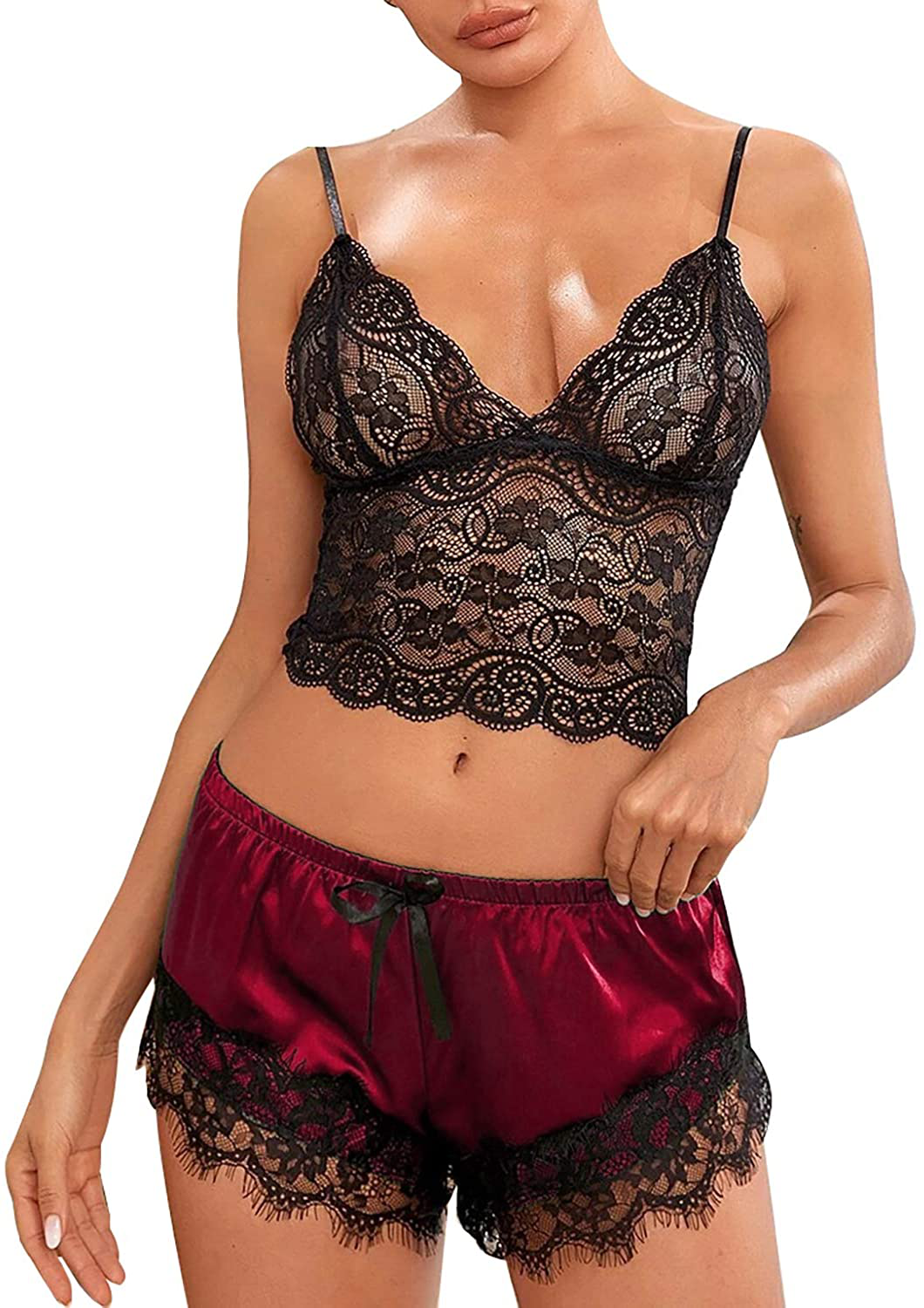 TAKOYI Women'S Sexy Lace 3 Piece Satin Robe and Pajama Set Cami Top Lingerie with Robe Camisole Shorts Apparel & Accessories > Clothing > Sleepwear & Loungewear Kylie Max