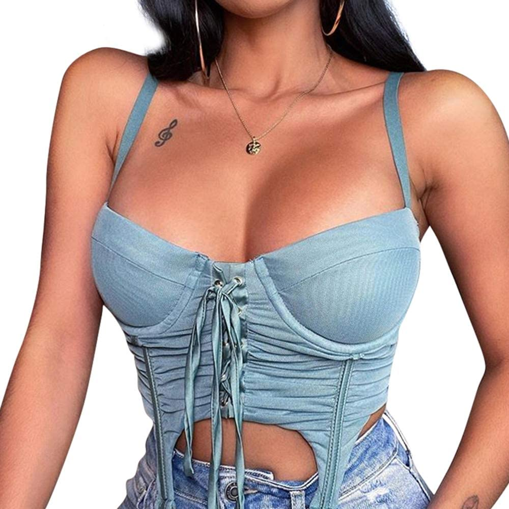 Rozegaga Womens Sexy Mesh Padded Ruched Lace up Bustier Backless Corset Crop Top Apparel & Accessories > Clothing > Underwear & Socks > Lingerie Rozegaga Green Small