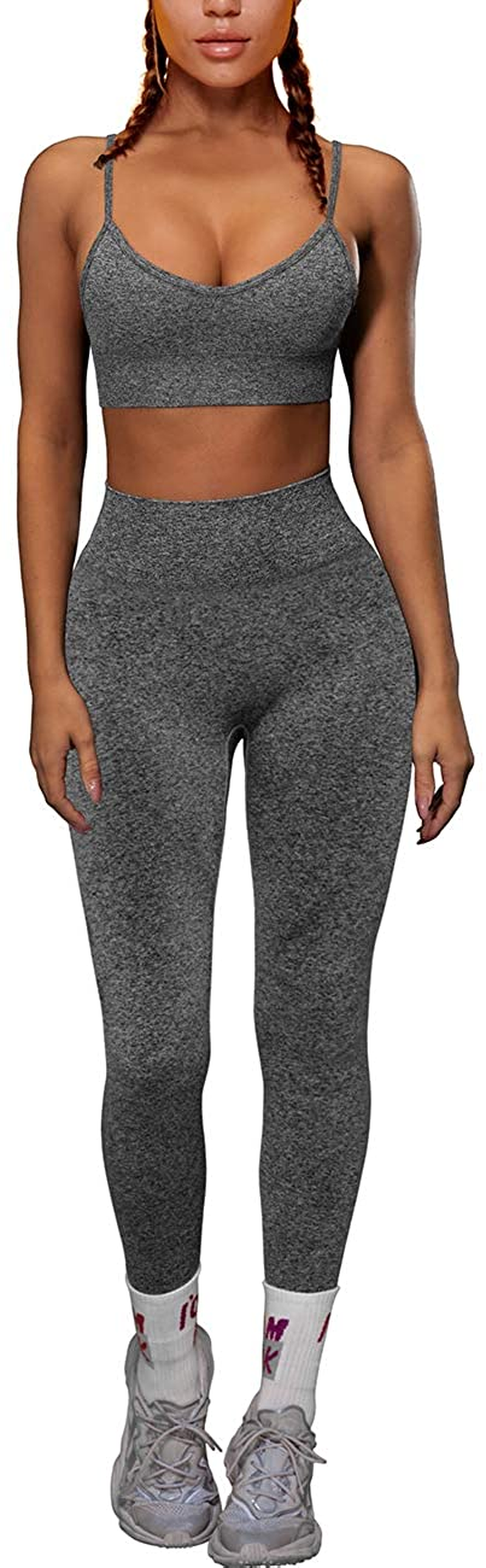 OQQ Yoga Outfit for Women Seamless 2 Piece Workout Gym High Waist Leggings with Sport Bra Set Apparel & Accessories > Clothing > Underwear & Socks > Lingerie HZSN F: Grey Medium