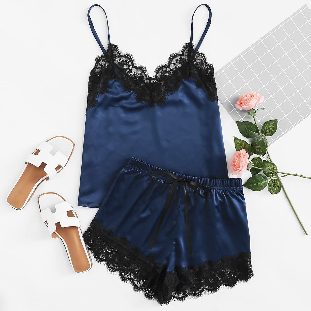 Makemechic Women'S Lace Satin Sleepwear Cami Top and Shorts Pajama Set Apparel & Accessories > Clothing > Sleepwear & Loungewear Kylie Max