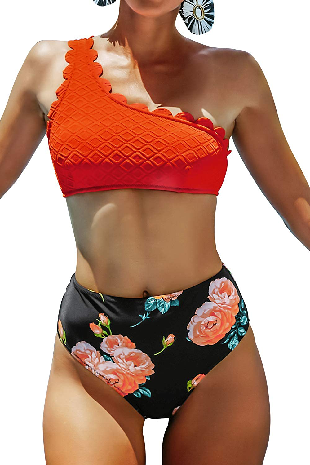 CUPSHE Women's Solid Wavy Edge One-Shoulder Bikini Set Rain of Petals Apparel & Accessories > Clothing > Swimwear CUPSHE Multicolored X-Small