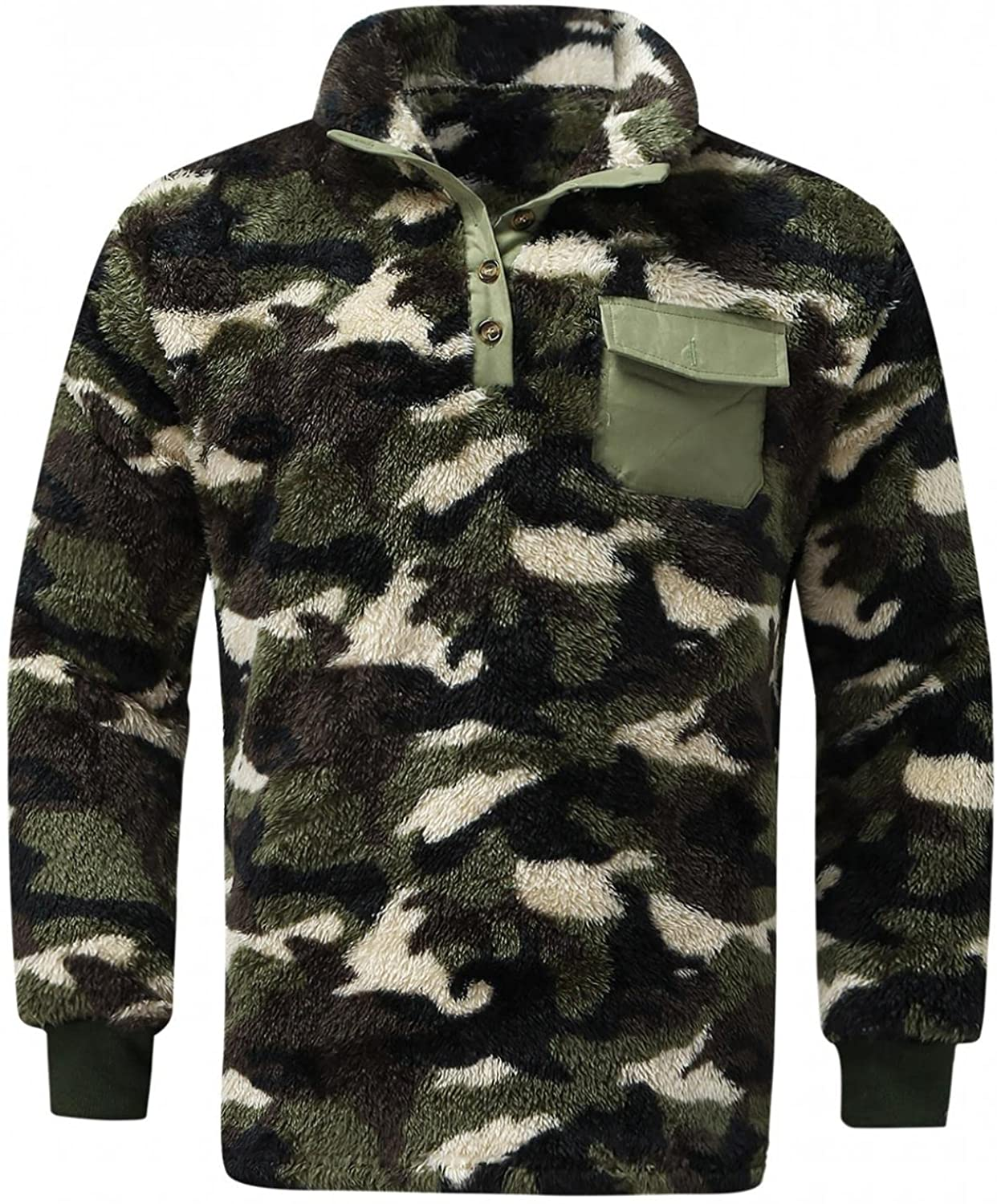 Merthy Mens Warm Camo Plush Henely Shirts Sherpa Fleece Jackets Long Sleeve Stand Collar Thermal Stylish Printed Outwear Apparel & Accessories > Clothing > Underwear & Socks > Shapewear Merthy