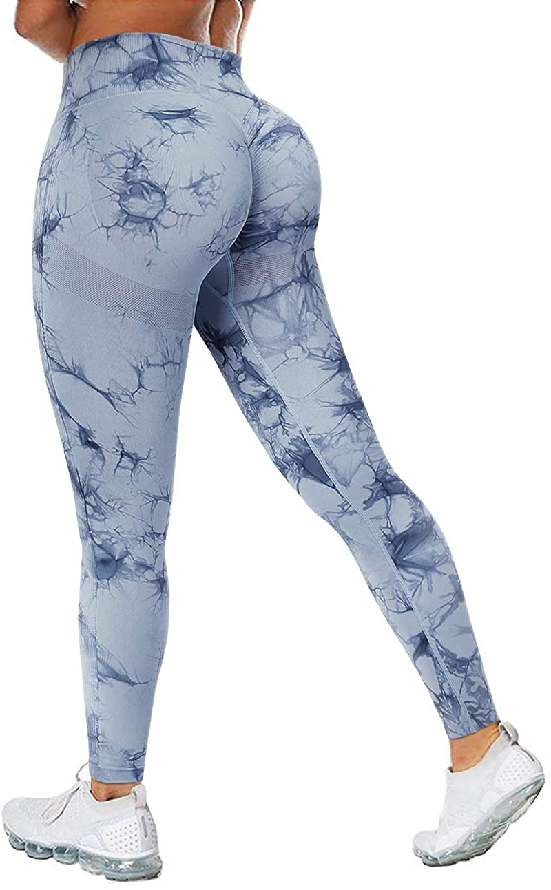 MOSHENGQI Womens Seamless Butt Lift Leggings High Waisted Yoga Pants Ribbed Workout Slimming Tights Apparel & Accessories > Clothing > Activewear MOSHENGQI #5 Tie Dye Blue Large