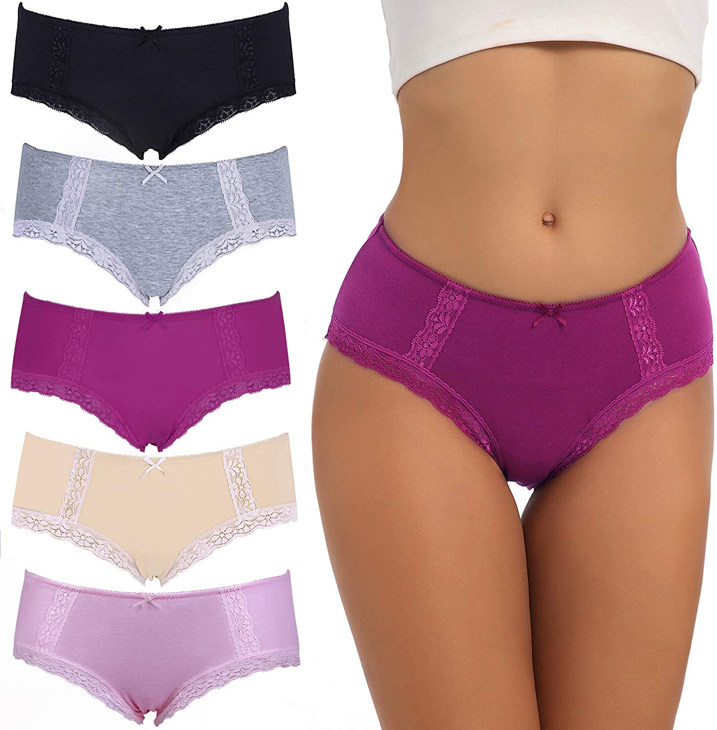 VEENXTHA Womens Underwear Panties Cotton Brief Lace Breathable Stretch Medium Waist Pack of 5 Apparel & Accessories > Clothing > Underwear & Socks > Underwear VEENXTHA Assorted of Color E X-Large