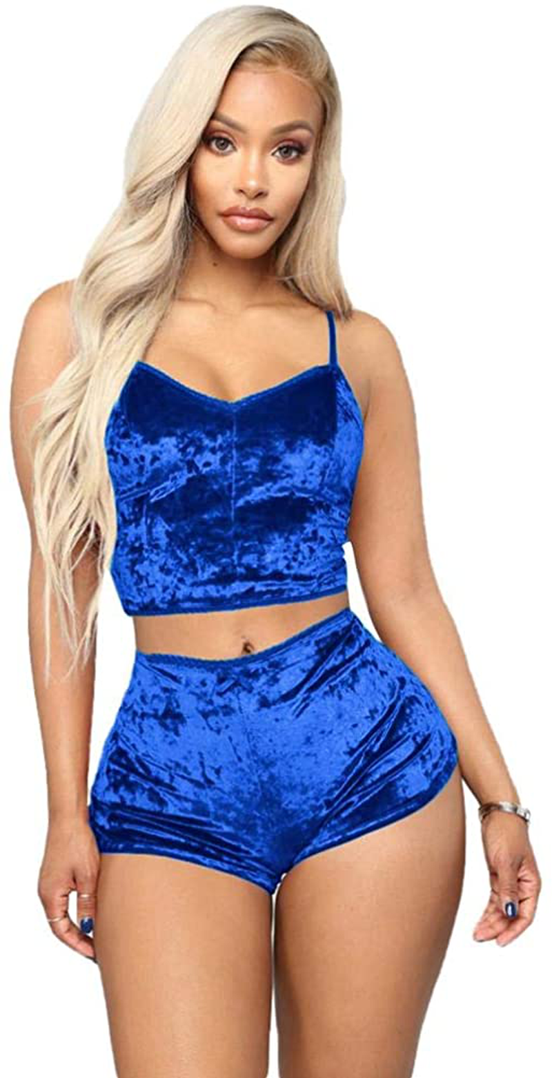 Women Sexy Velvet 2 Piece Outfit Spaghetti Strap Leopard Tie Dye Cami Crop Top + Shorts Bottom Sleepwear Pajama Set Nightwear Apparel & Accessories > Clothing > Sleepwear & Loungewear Kylie Max
