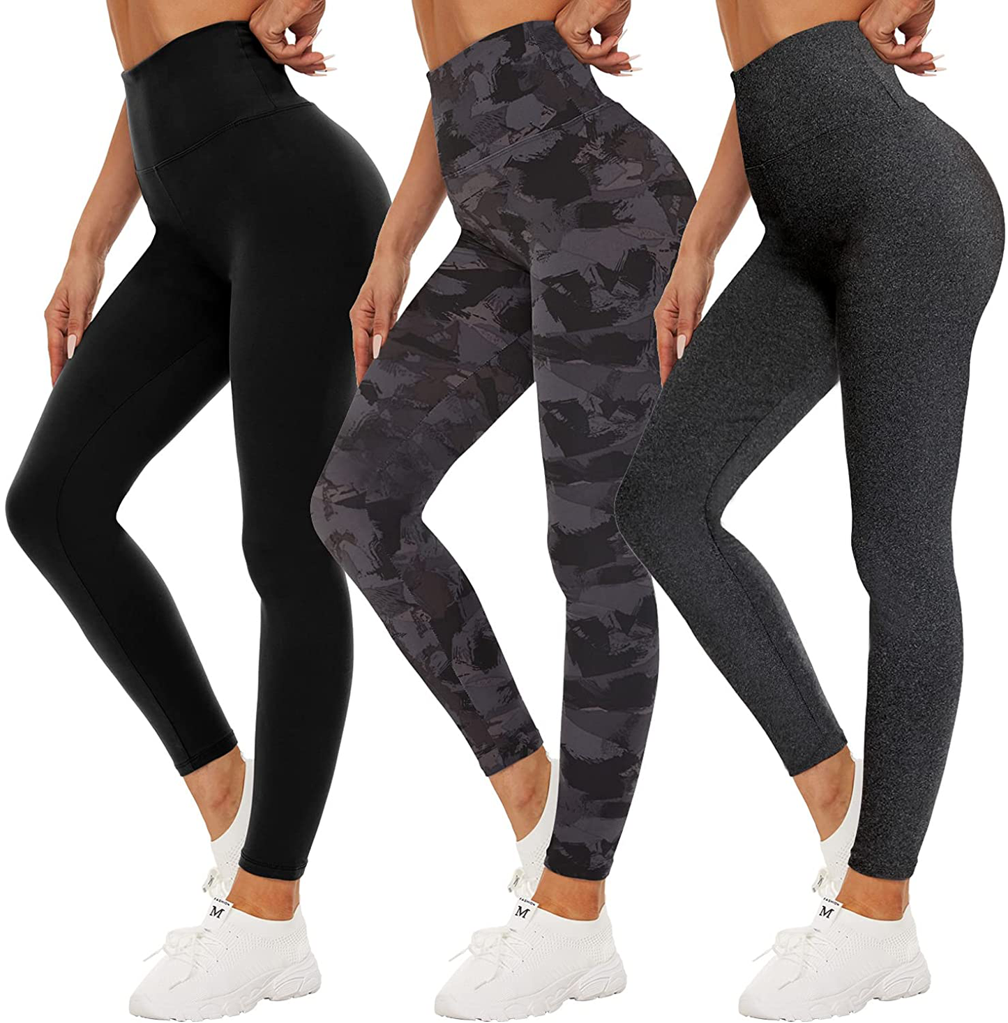 QGGQDD 3 Pack Black High Waisted Leggings for Women - Buttery Soft Workout Yoga Athletic Leggings Apparel & Accessories > Clothing > Activewear QGGQDD Black/ Black Printed/ Dark Grey Heather Small-Medium