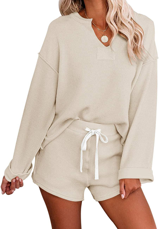 MEROKEETY Women's Long Sleeve Pajama Set Henley Knit Tops and Shorts Sleepwear Loungewear Apparel & Accessories > Clothing > Sleepwear & Loungewear > Pajamas MEROKEETY Beige Large