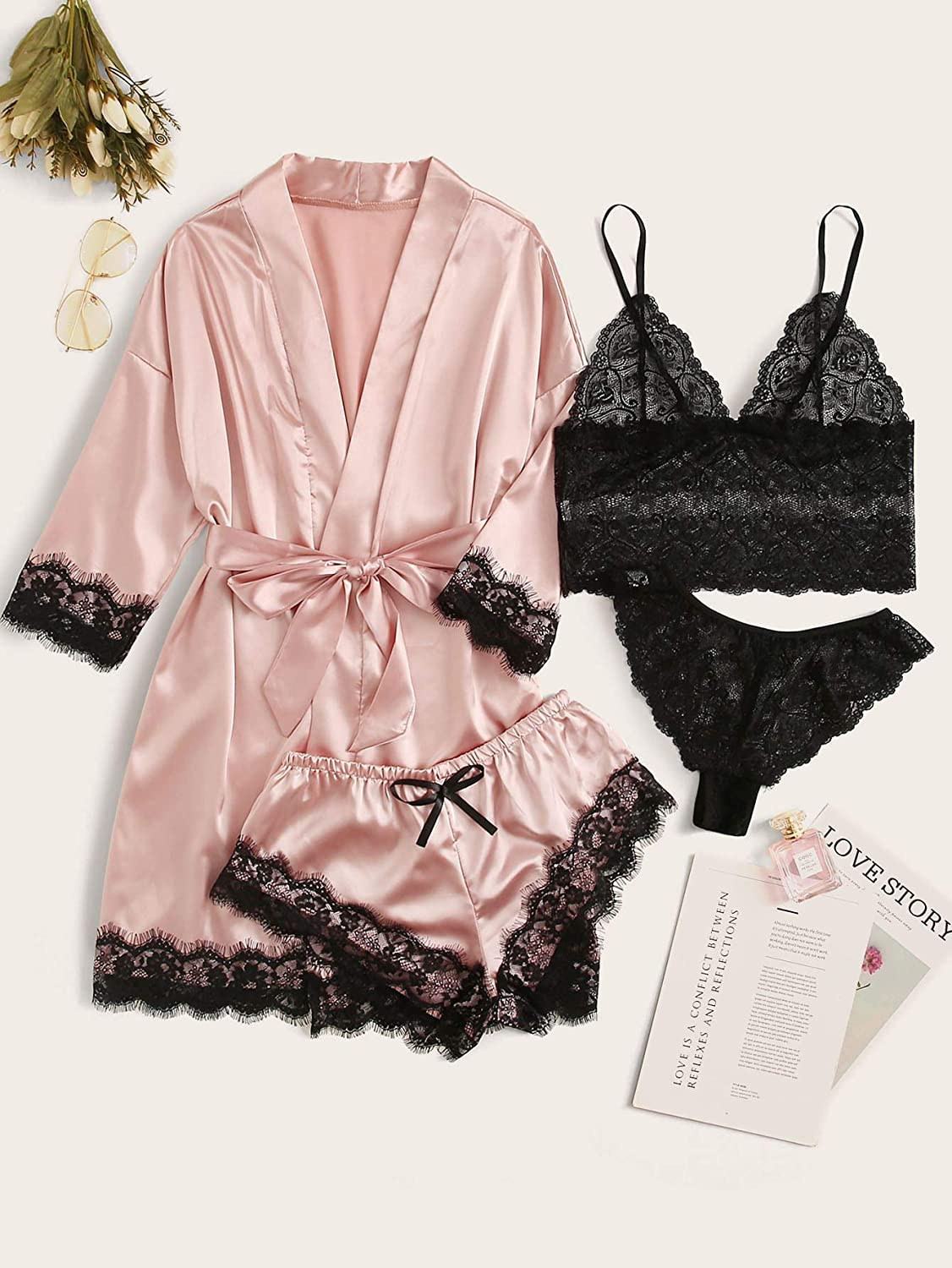 WDIRARA Women'S 4 Pieces Satin Floral Lace Cami Top Lingerie Pajama Set with Robe Apparel & Accessories > Clothing > Underwear & Socks > Lingerie WDIRARA