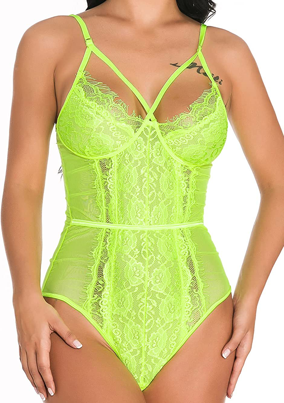 See Through Lingerie,V-Neck Lace Babydoll,Sexy Lingerie Women,One Piece Bodysuit Apparel & Accessories > Clothing > Underwear & Socks > Lingerie Kaei&Shi Fluorescent Green Large