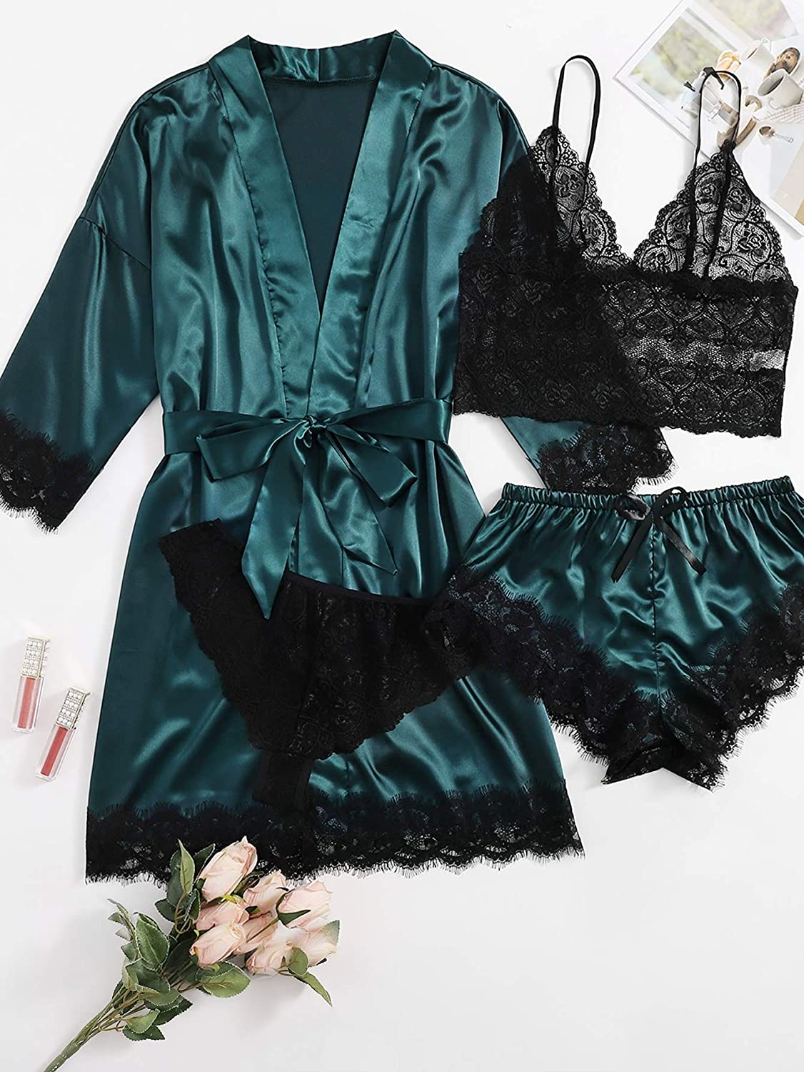 WDIRARA Women'S 4 Pieces Satin Floral Lace Cami Top Lingerie Pajama Set with Robe Apparel & Accessories > Clothing > Underwear & Socks > Lingerie WDIRARA